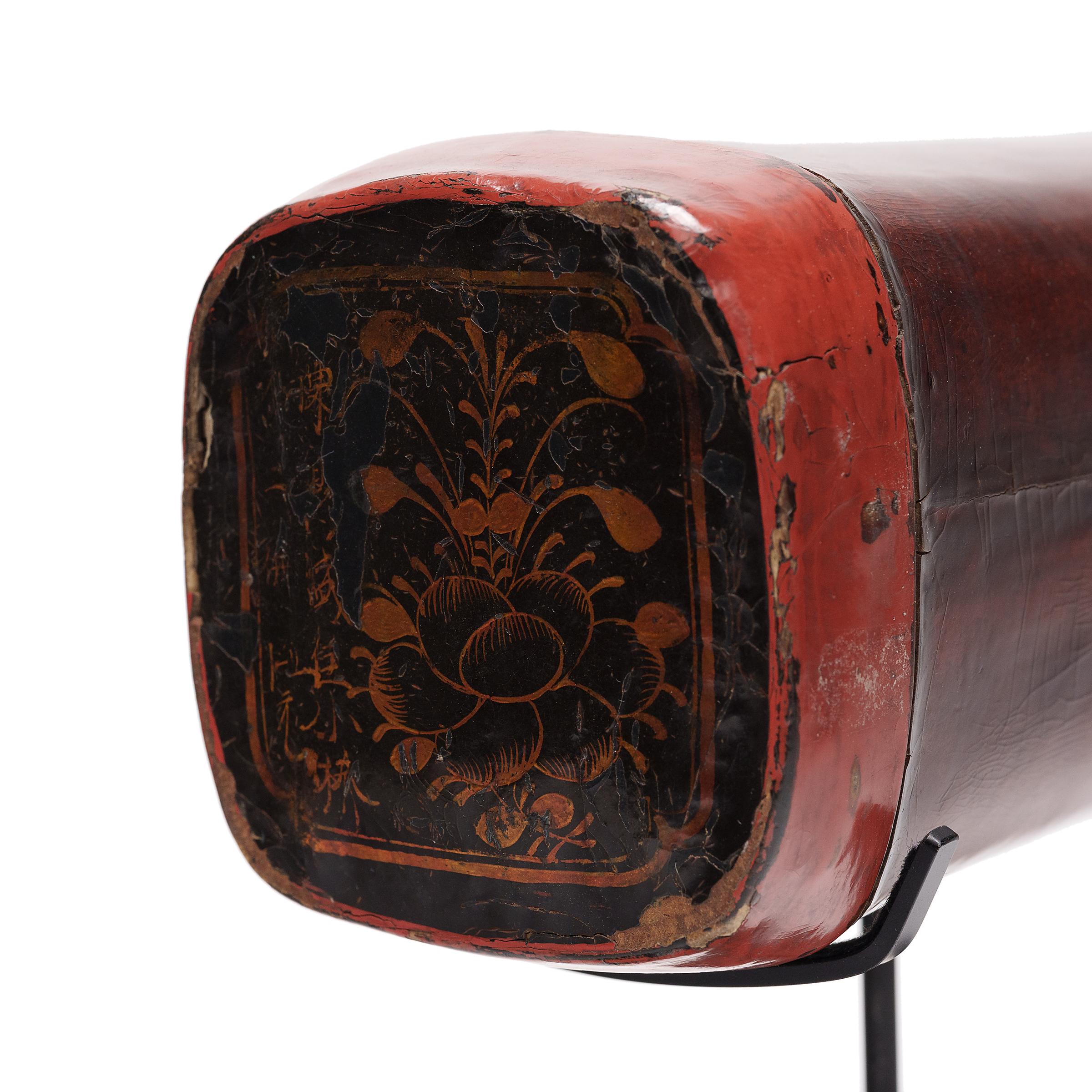 Lacquered Chinese Red Lacquer Hide Pillow, c. 1850 For Sale
