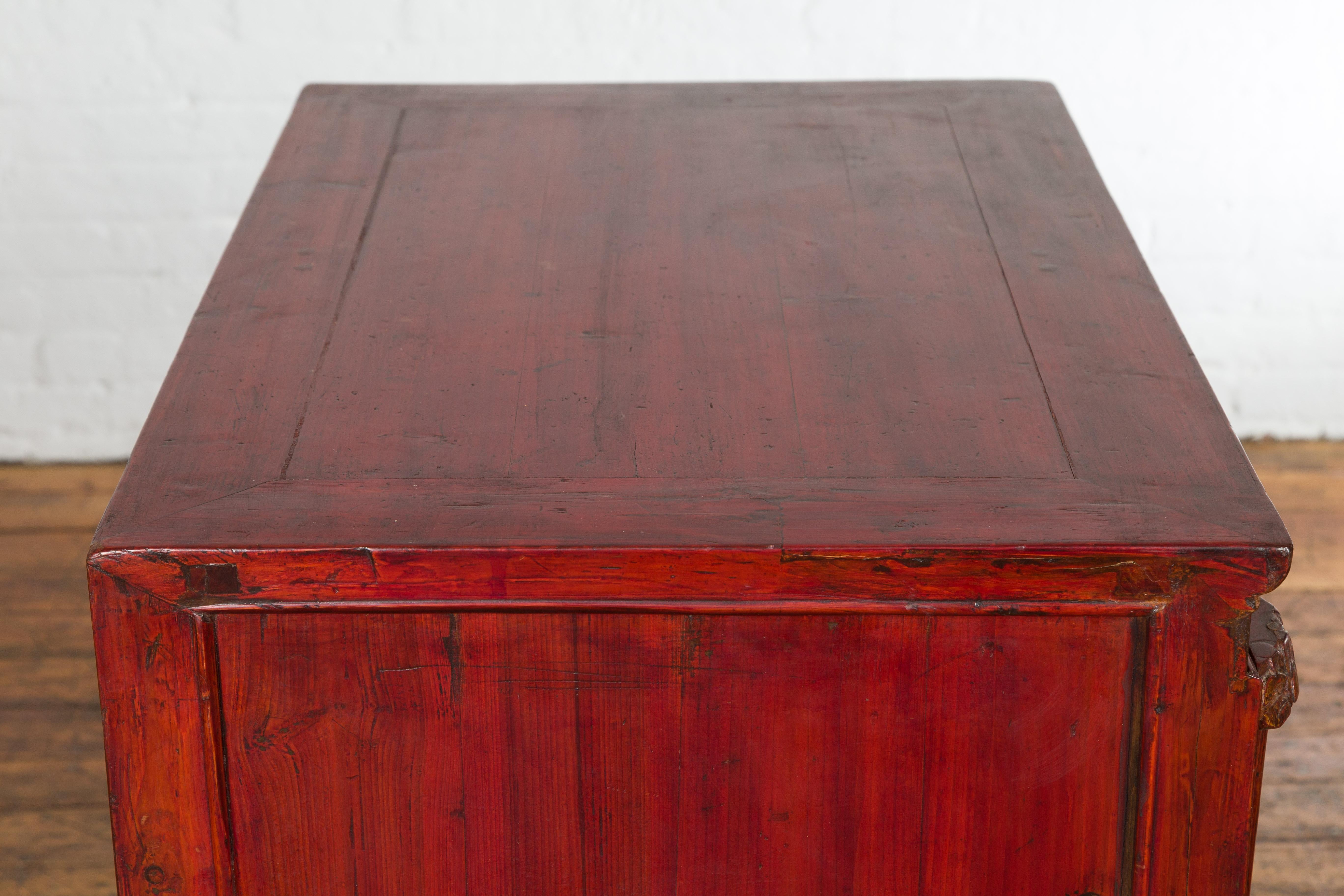 Red Lacquer Late Qing Dynasty Bedside Cabinet with Carved Décor For Sale 11