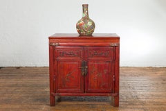 Red Lacquer Late Qing Dynasty Bedside Cabinet with Carved Décor