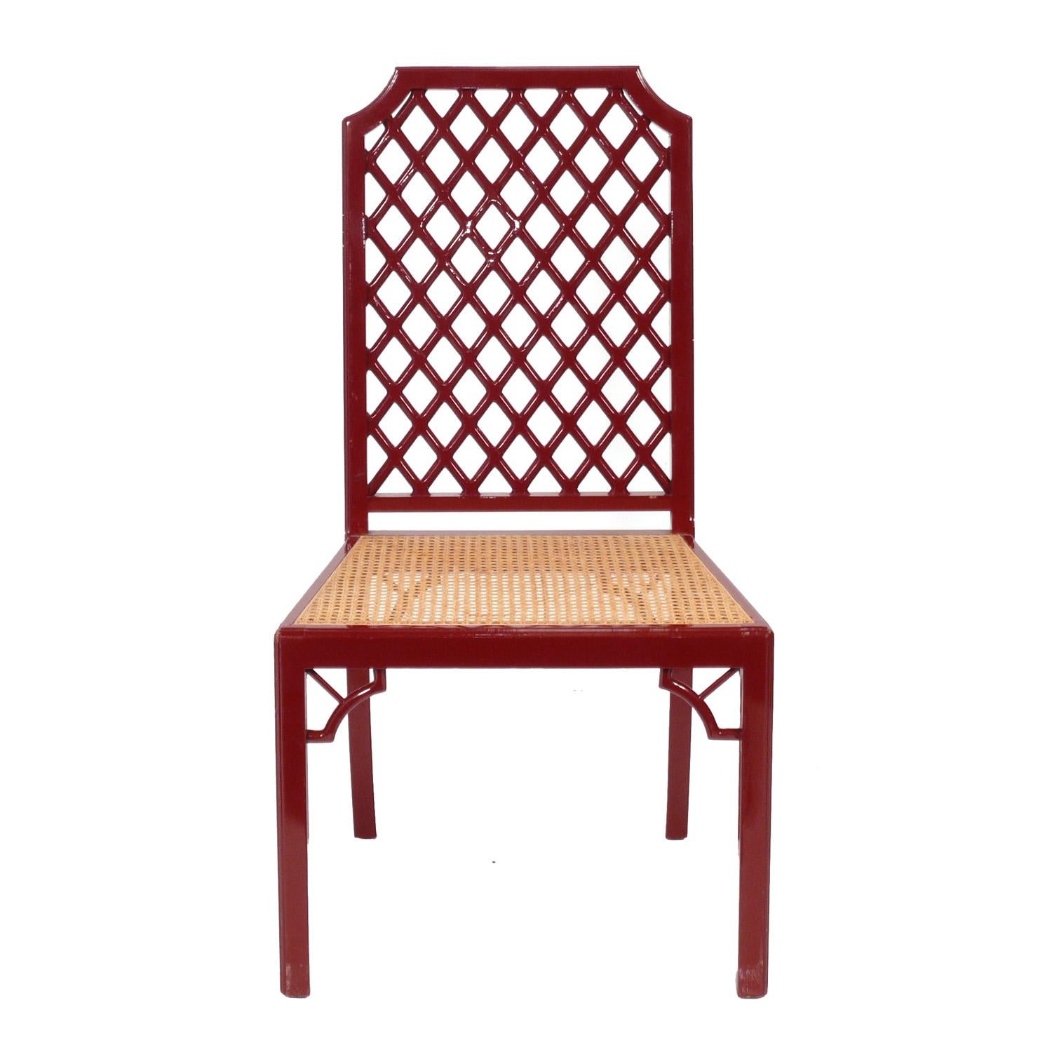Chinese Red Lacquer Lattice Dining Chairs, Italian, circa 1960s. They retain their original Chinese Red color lacquer finish and caned seats. We can reupholster the cushions in your fabric at no additional charge. Simply send us 5 yards of your