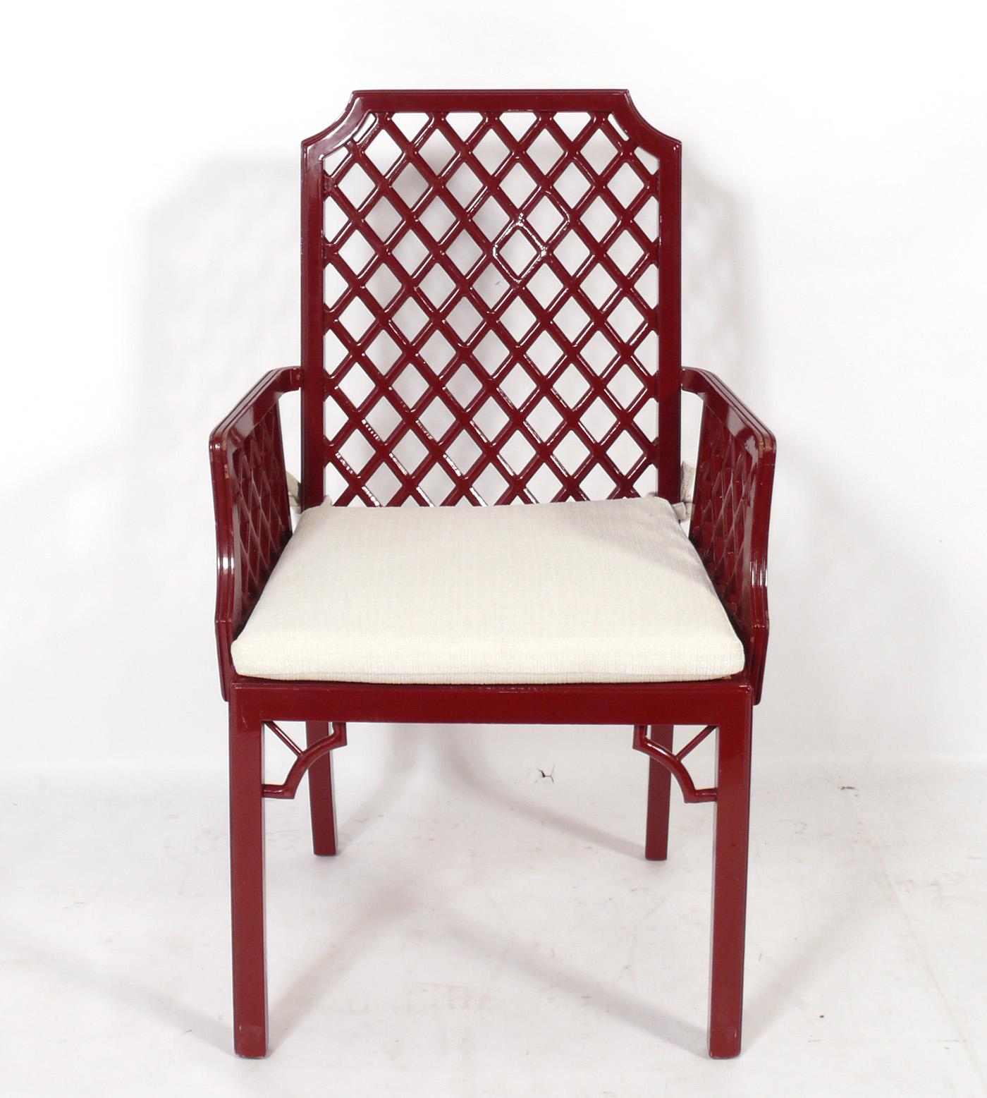 Chinoiserie Chinese Red Lacquer Lattice Dining Chairs  For Sale