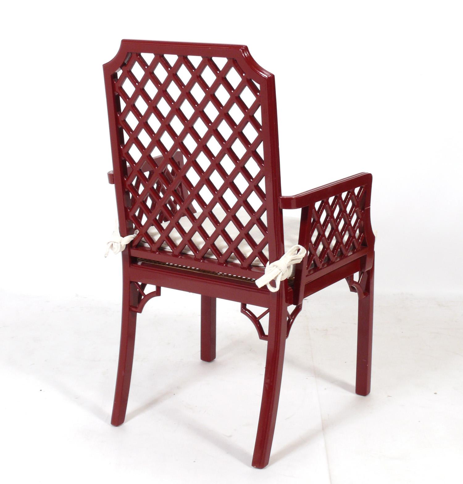 Lacquered Chinese Red Lacquer Lattice Dining Chairs  For Sale