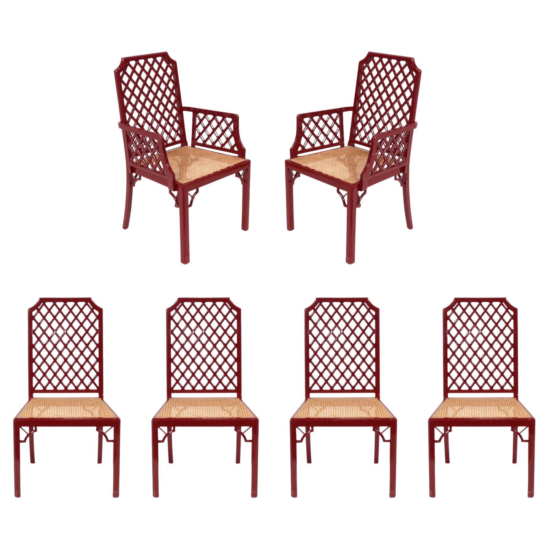 Chinese Red Lacquer Lattice Dining Chairs 