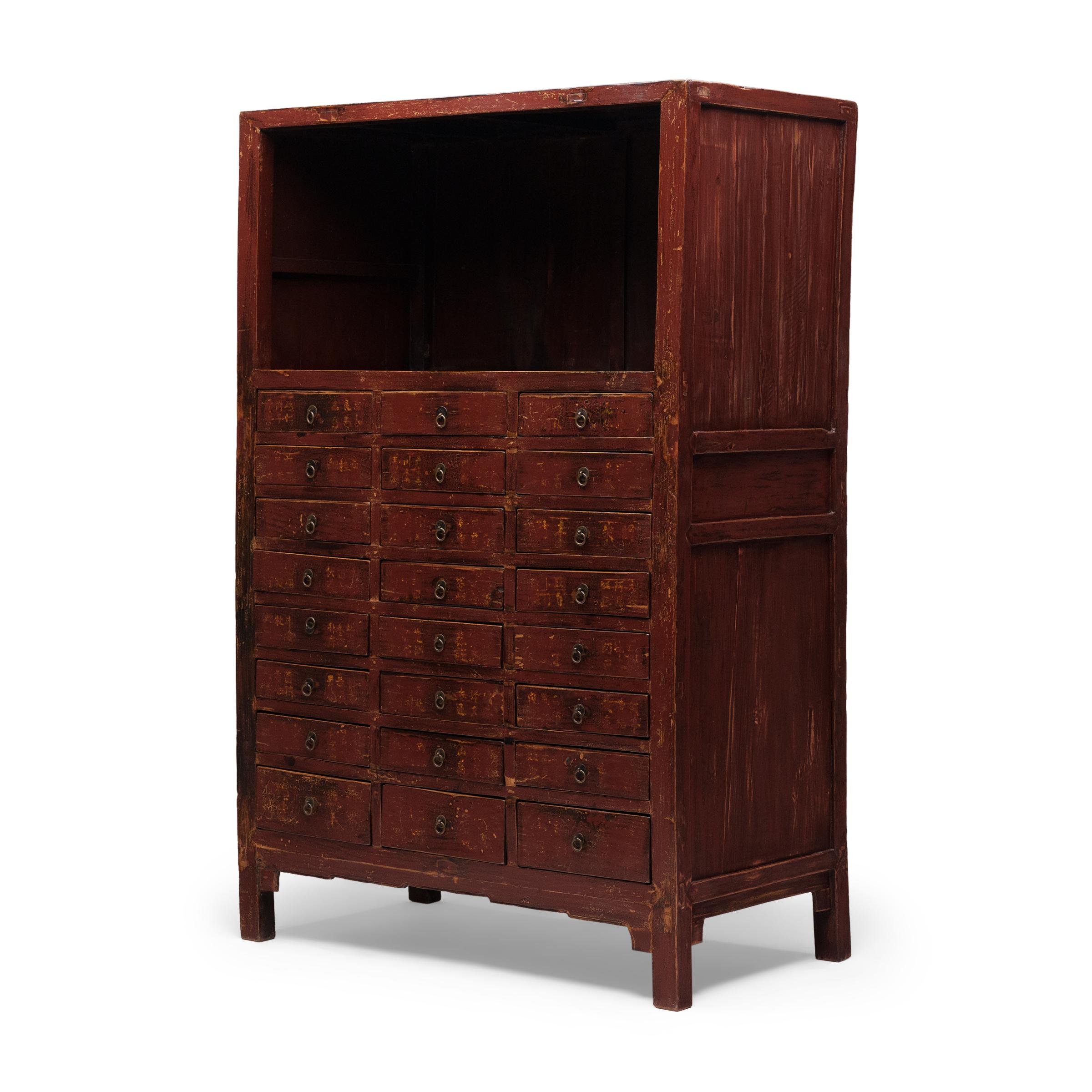 Lacquered Chinese Red Lacquer Medicine Cabinet, c. 1850 For Sale