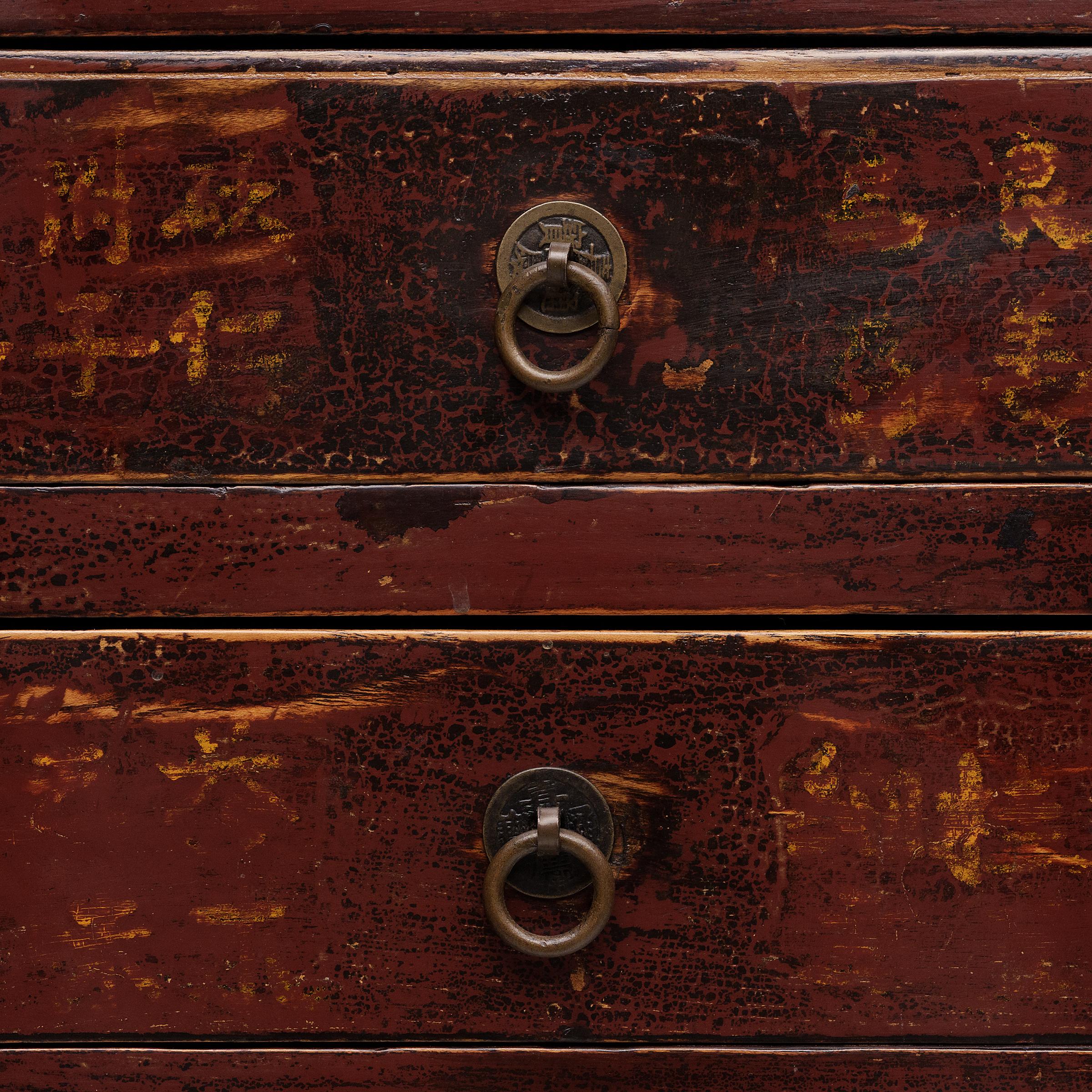 Elm Chinese Red Lacquer Medicine Cabinet, c. 1850 For Sale