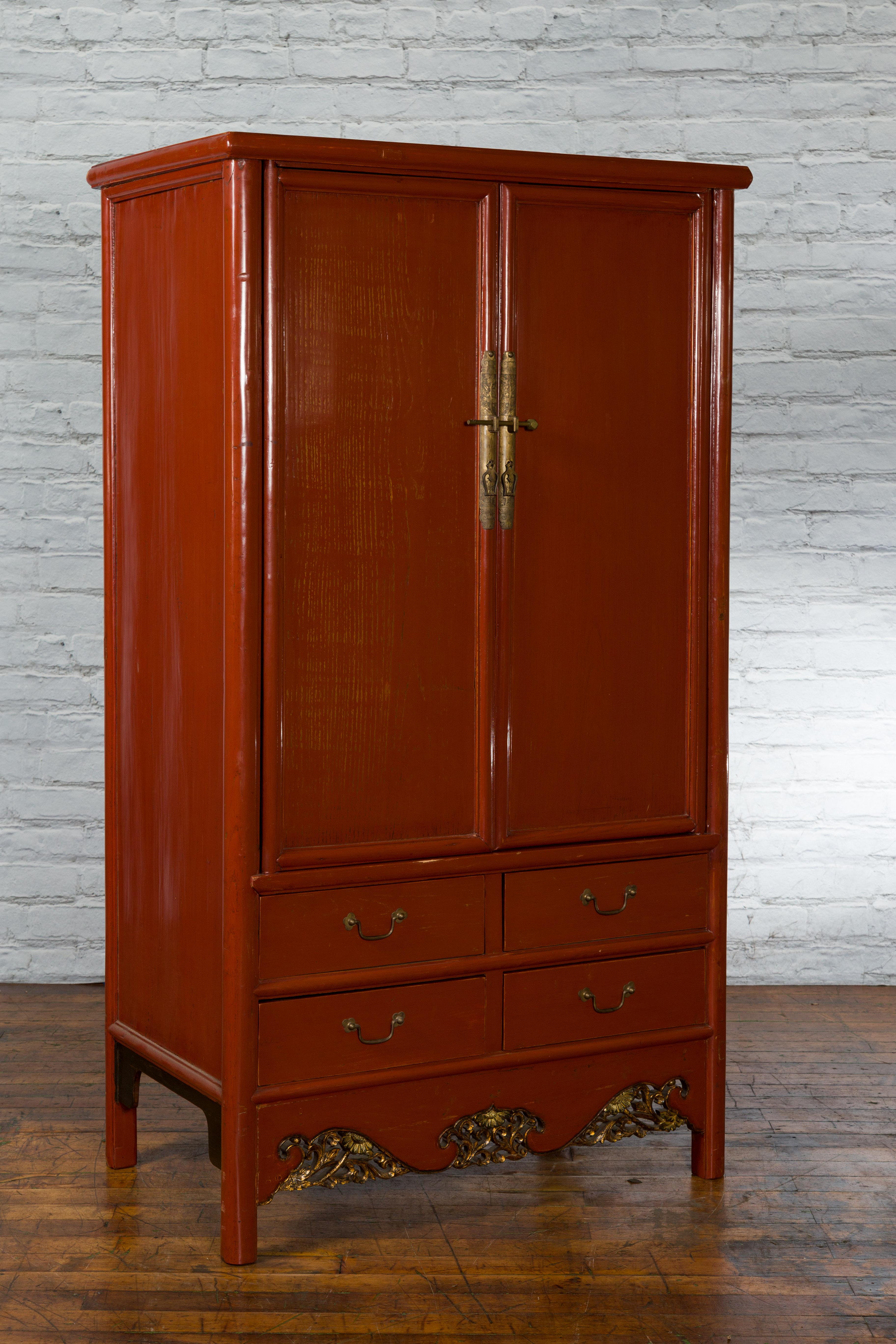 Chinese Red Lacquer Ming Dynasty Style Cabinet with Floral-Carved Gilt Apron For Sale 4