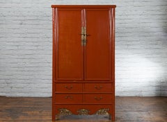 Chinese Red Lacquer Ming Dynasty Style Cabinet with Floral-Carved Gilt Apron
