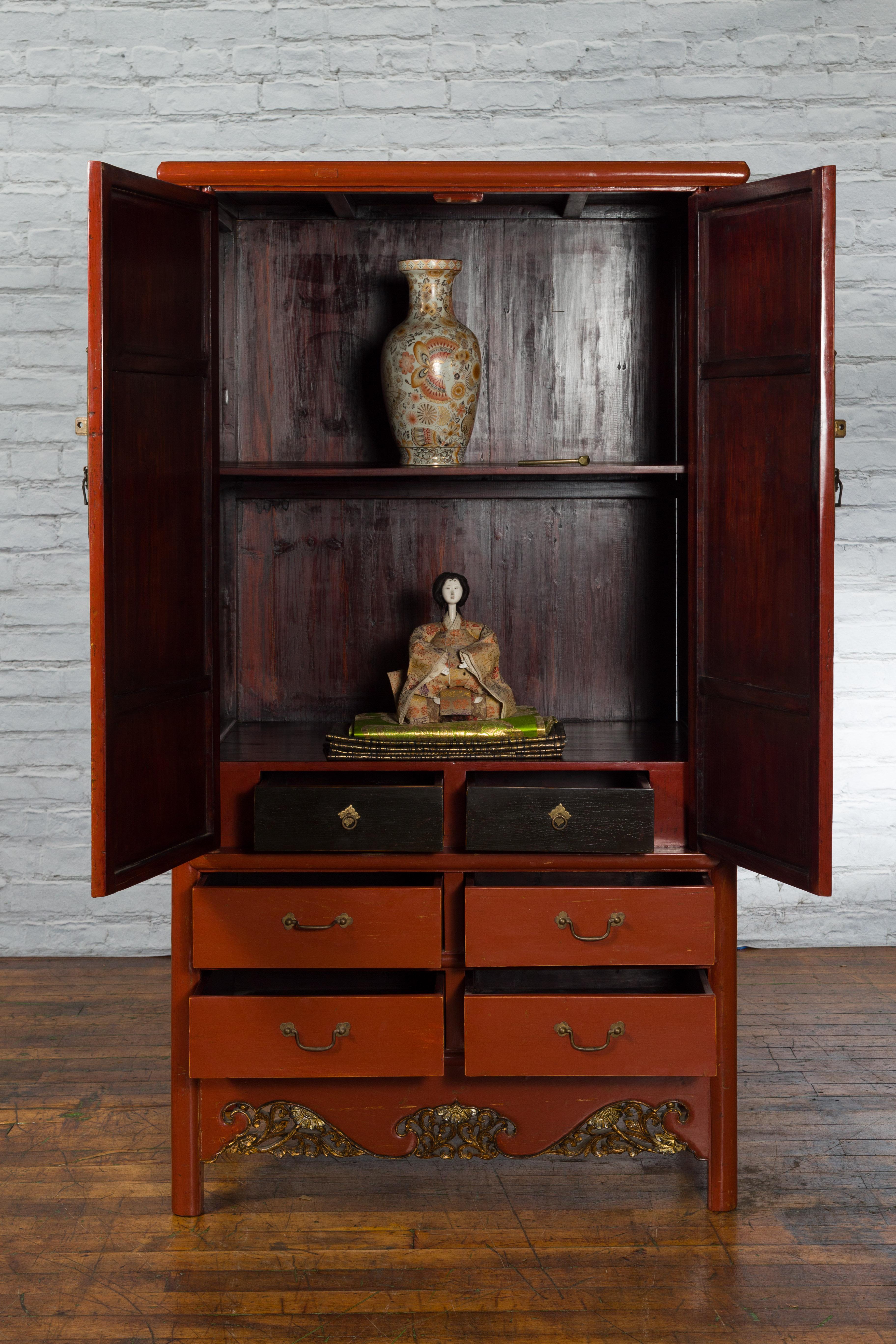 Lacquered Chinese Red Lacquer Ming Dynasty Style Cabinet with Floral-Carved Gilt Apron For Sale