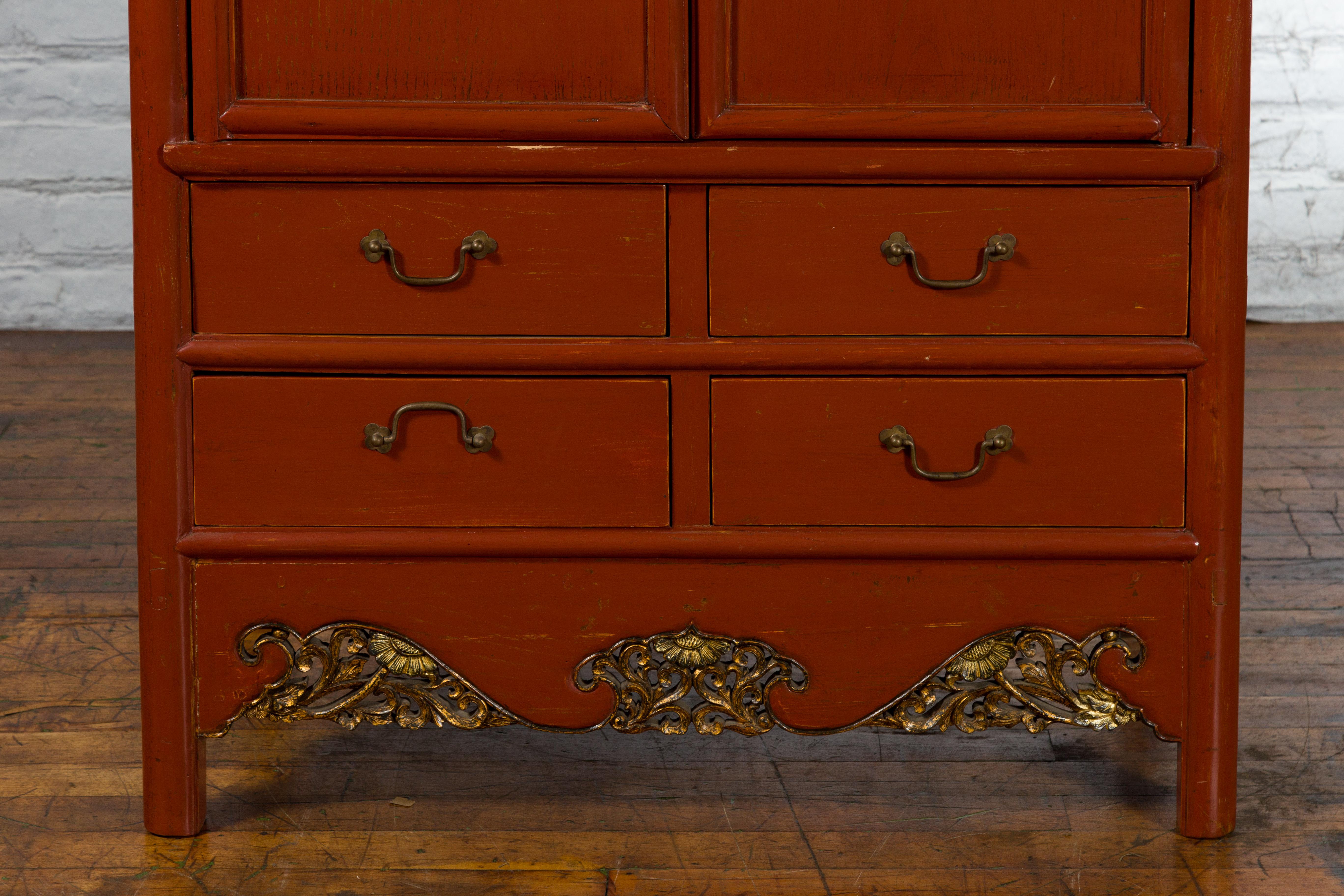 19th Century Chinese Red Lacquer Ming Dynasty Style Cabinet with Floral-Carved Gilt Apron For Sale
