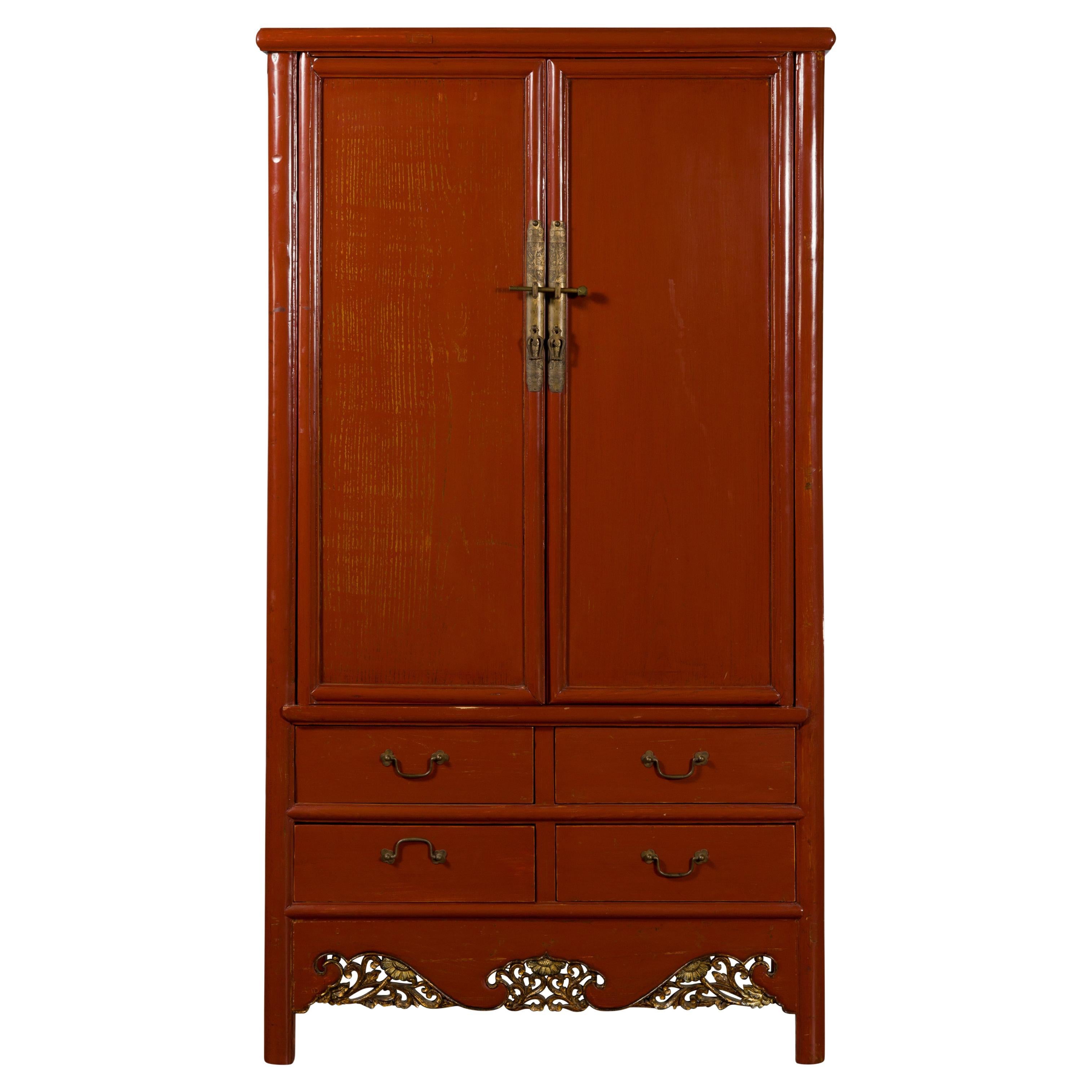 Chinese Red Lacquer Ming Dynasty Style Cabinet with Floral-Carved Gilt Apron