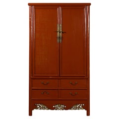 Chinese Red Lacquer Ming Dynasty Style Cabinet with Floral-Carved Gilt Apron