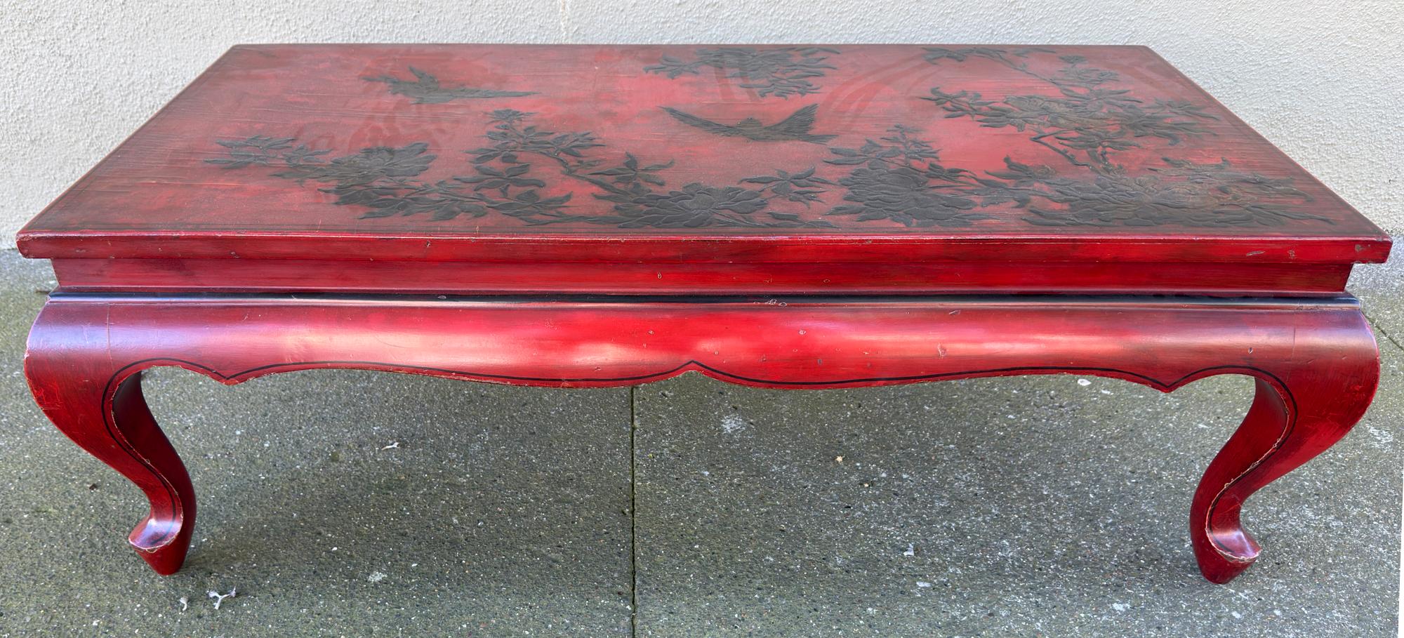 Panneau chinois en laque rouge servant de table à cocktail ( arbres / oiseaux sur fond cramoisi ). Un panneau ancien en laque surélevée sur un support en bois peint plus tard et sur mesure.
Oiseaux et feuillages noirs et dorés sur fond cramoisi.