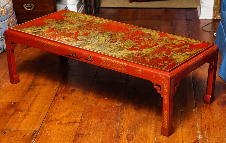 Chinoiserie Chinese Red Lacquer Panel Coffee Table For Sale