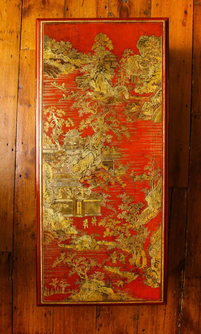 Hand-Painted Chinese Red Lacquer Panel Coffee Table For Sale