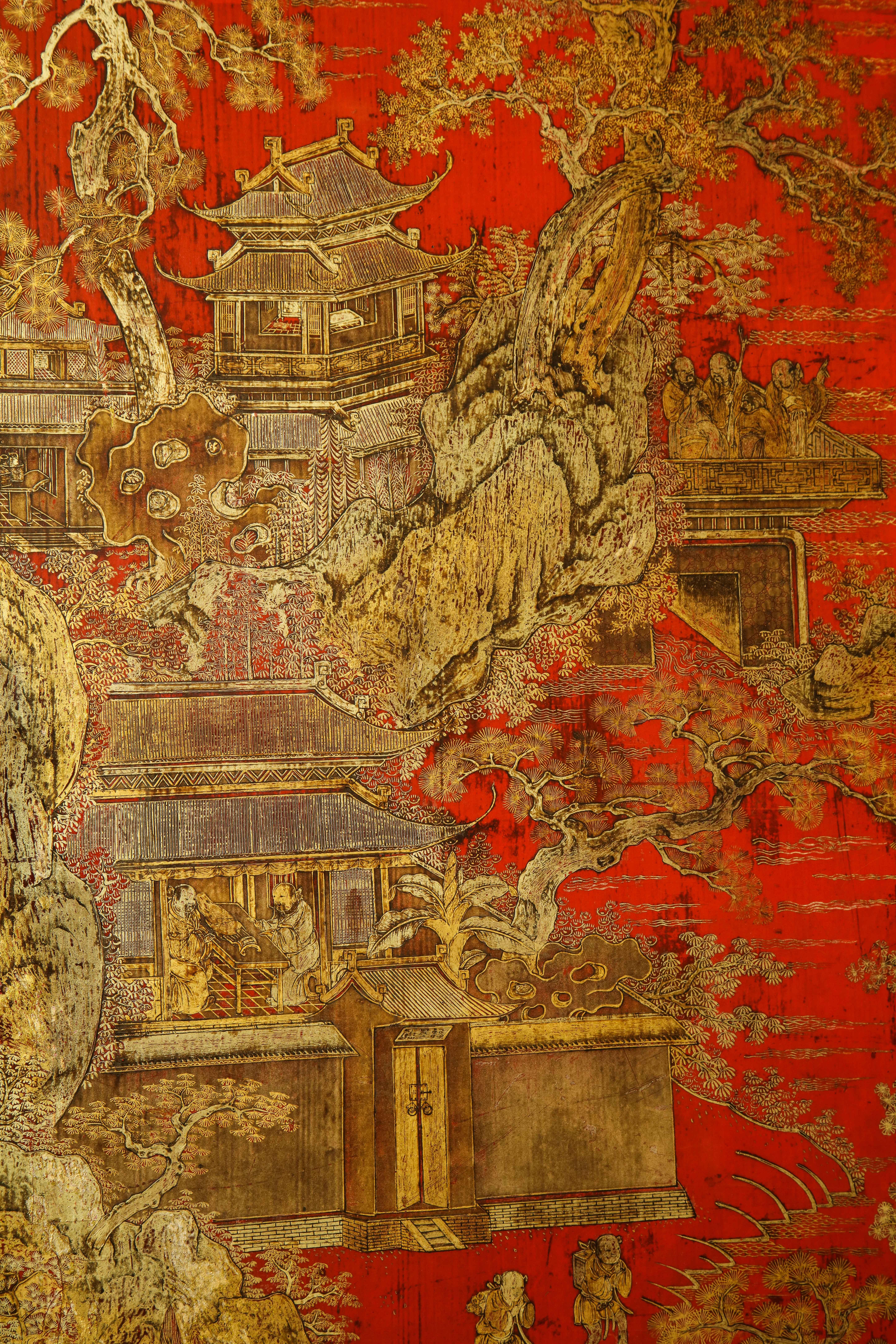 Hand-Painted Chinese Red Lacquer Panel Coffee Table For Sale