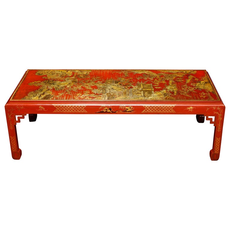 Chinese Red Lacquer Panel Coffee Table For Sale