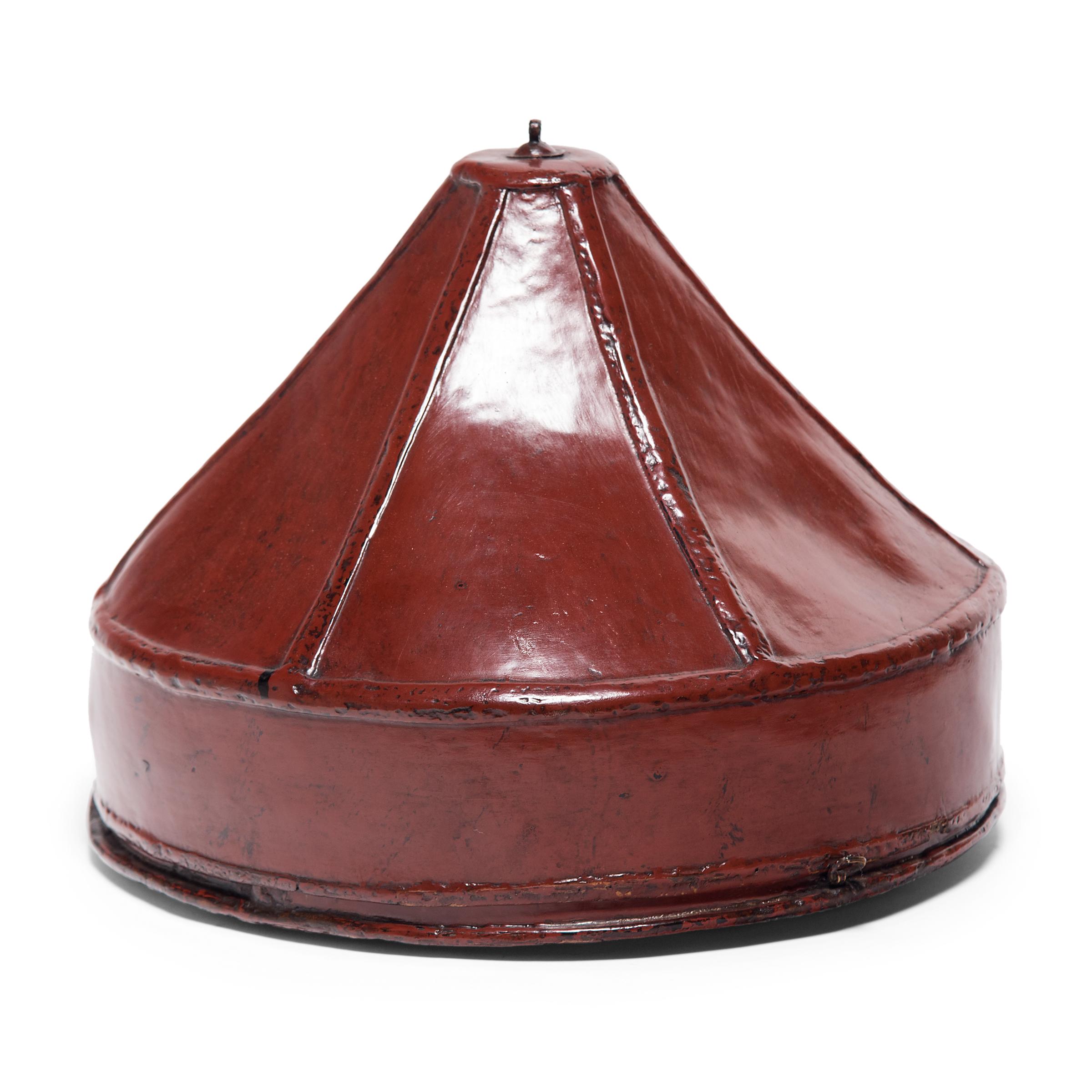 Lacquered Chinese Red Lacquer Paneled Hat Box, circa 1850