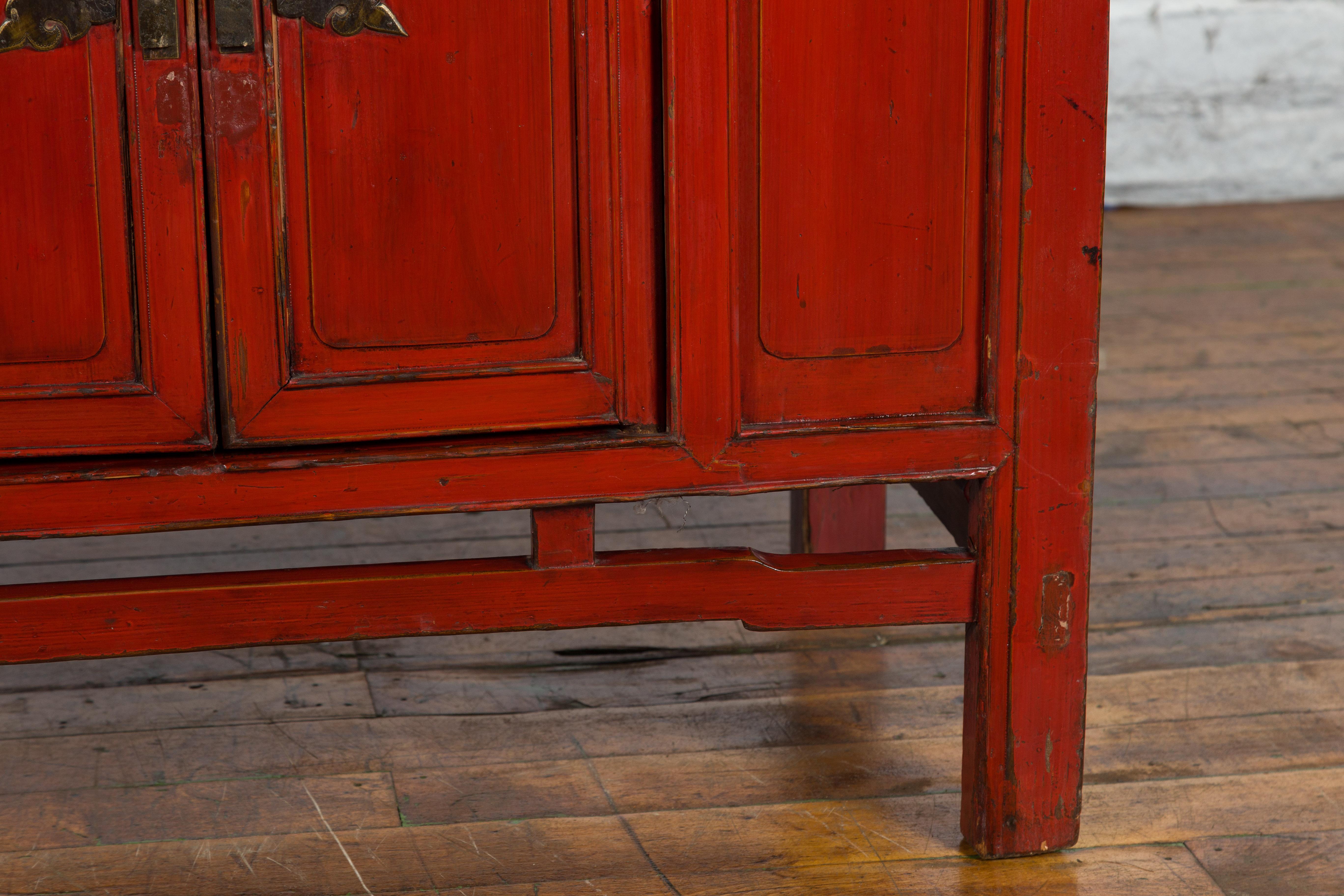 Chinese Red Lacquer Qing Dynasty 19th Century Cabinet with Butterfly Hardware 5