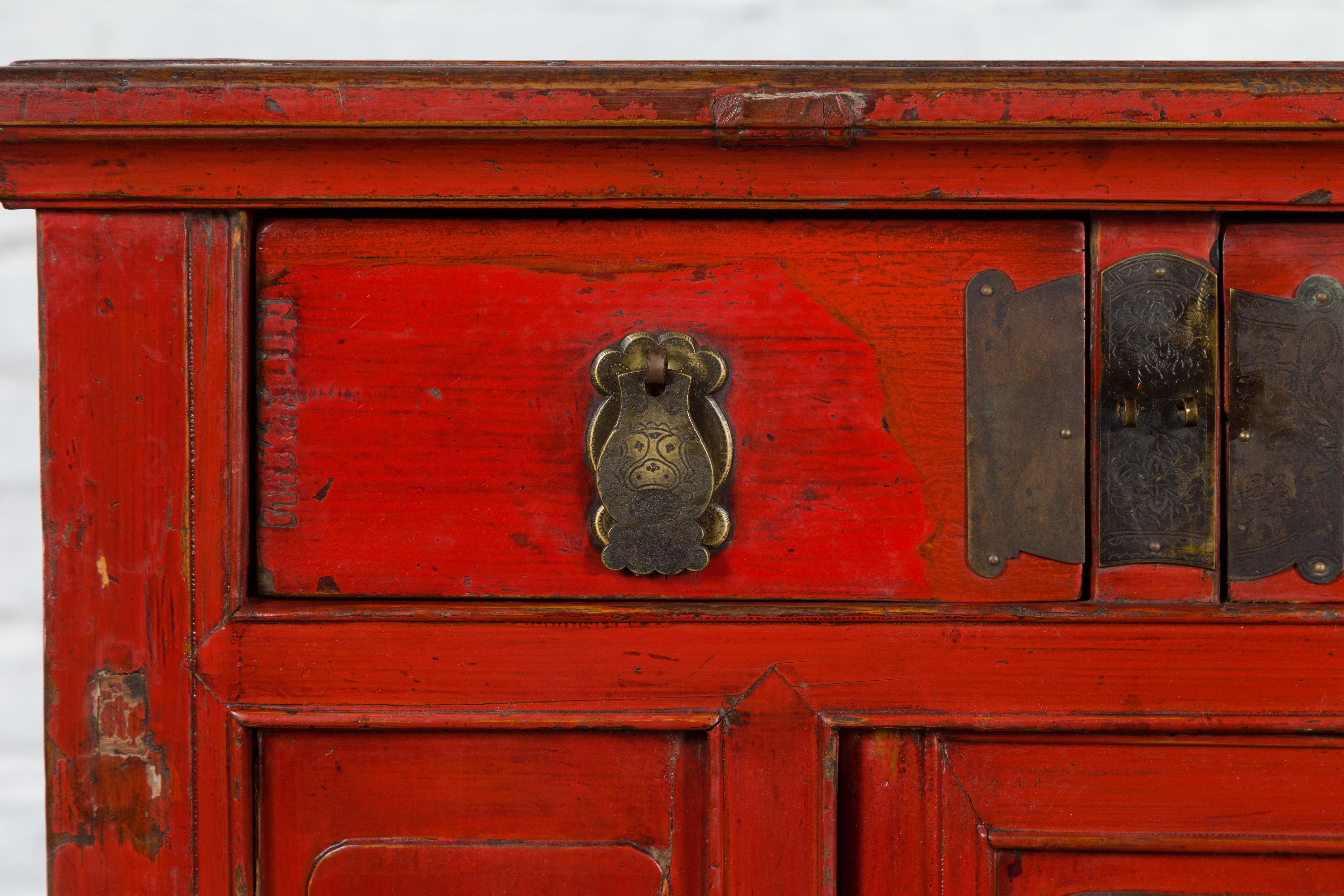 Chinese Red Lacquer Qing Dynasty 19th Century Cabinet with Butterfly Hardware 6