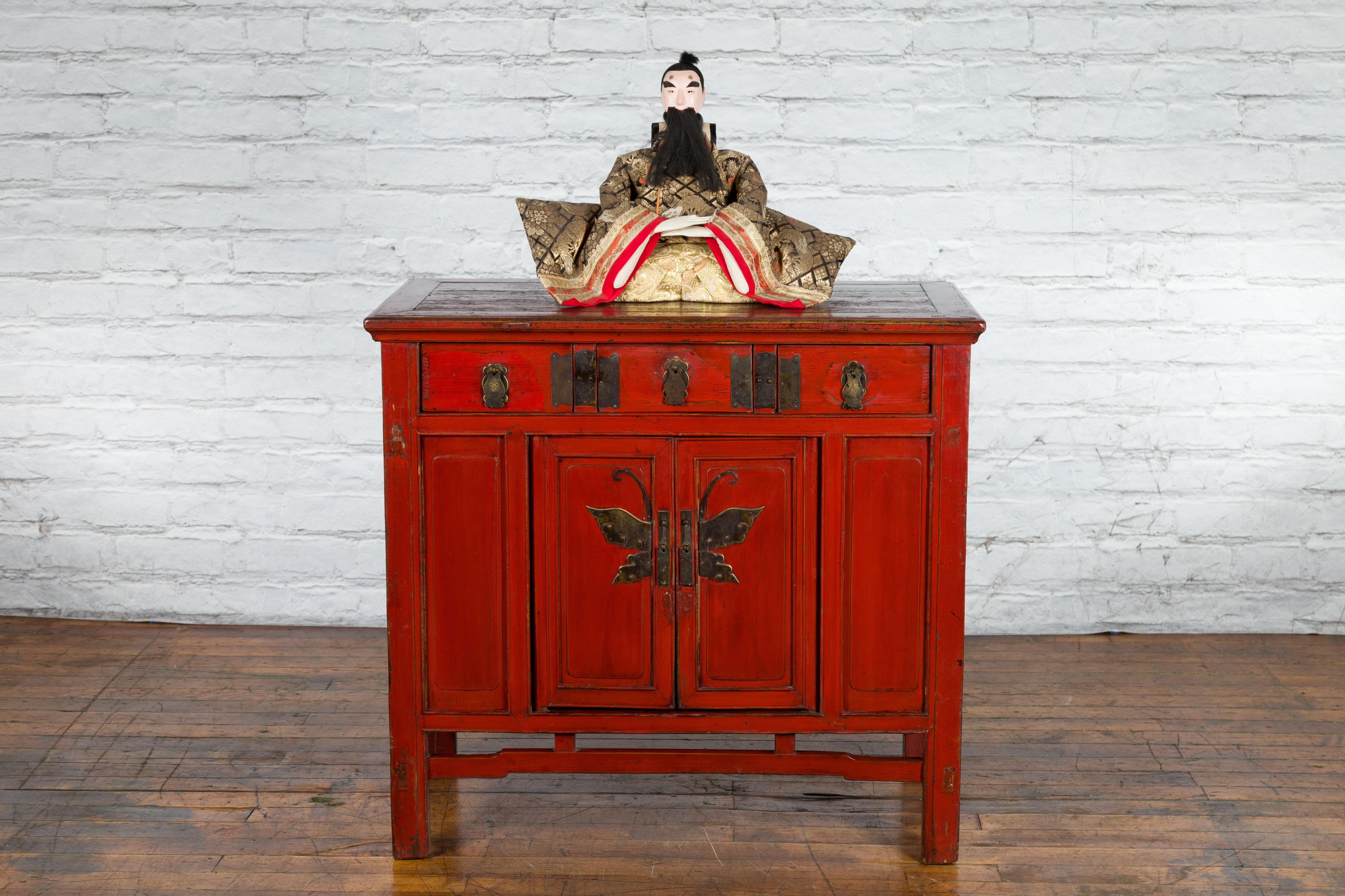Lacquered Chinese Red Lacquer Qing Dynasty 19th Century Cabinet with Butterfly Hardware