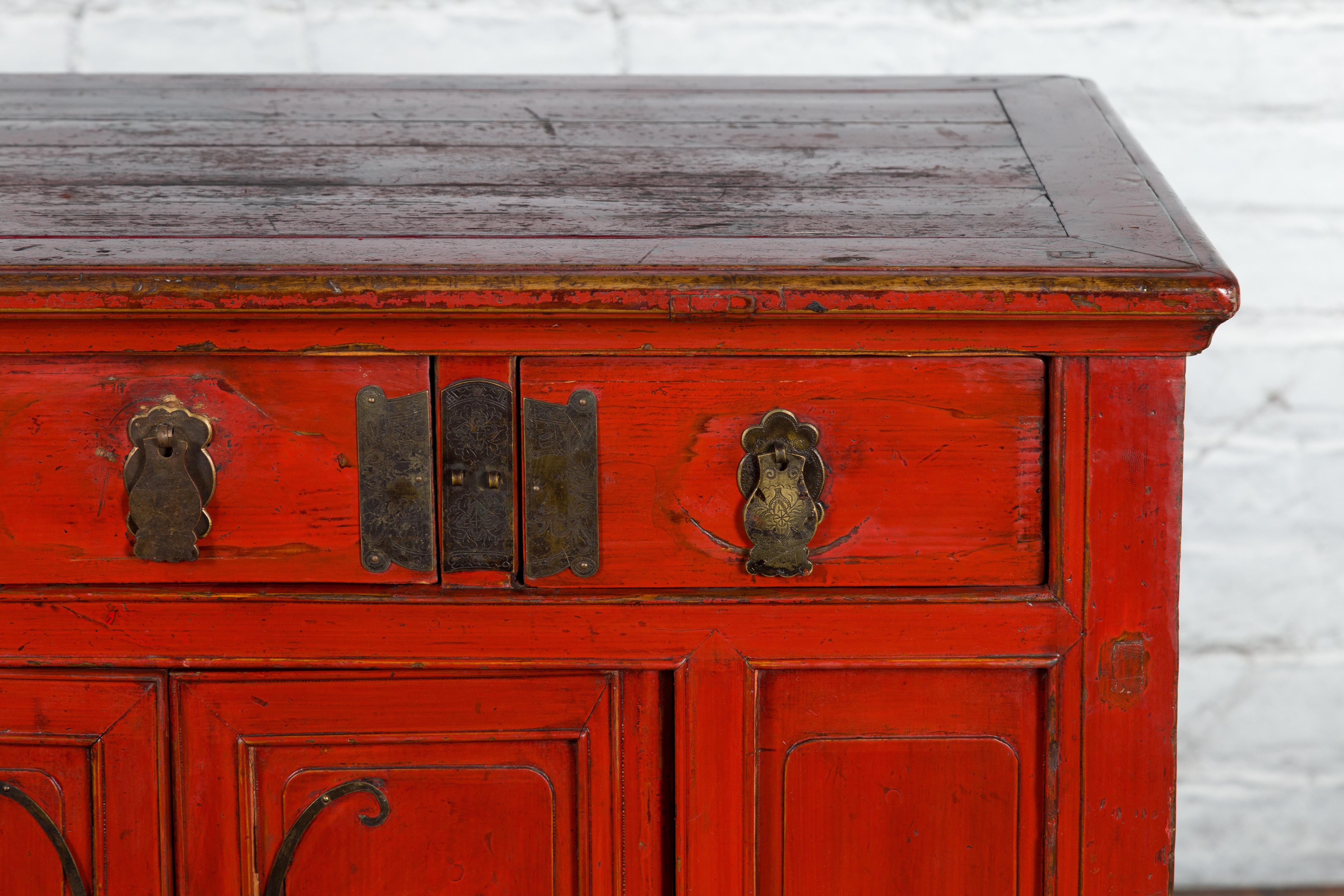 Chinese Red Lacquer Qing Dynasty 19th Century Cabinet with Butterfly Hardware 1