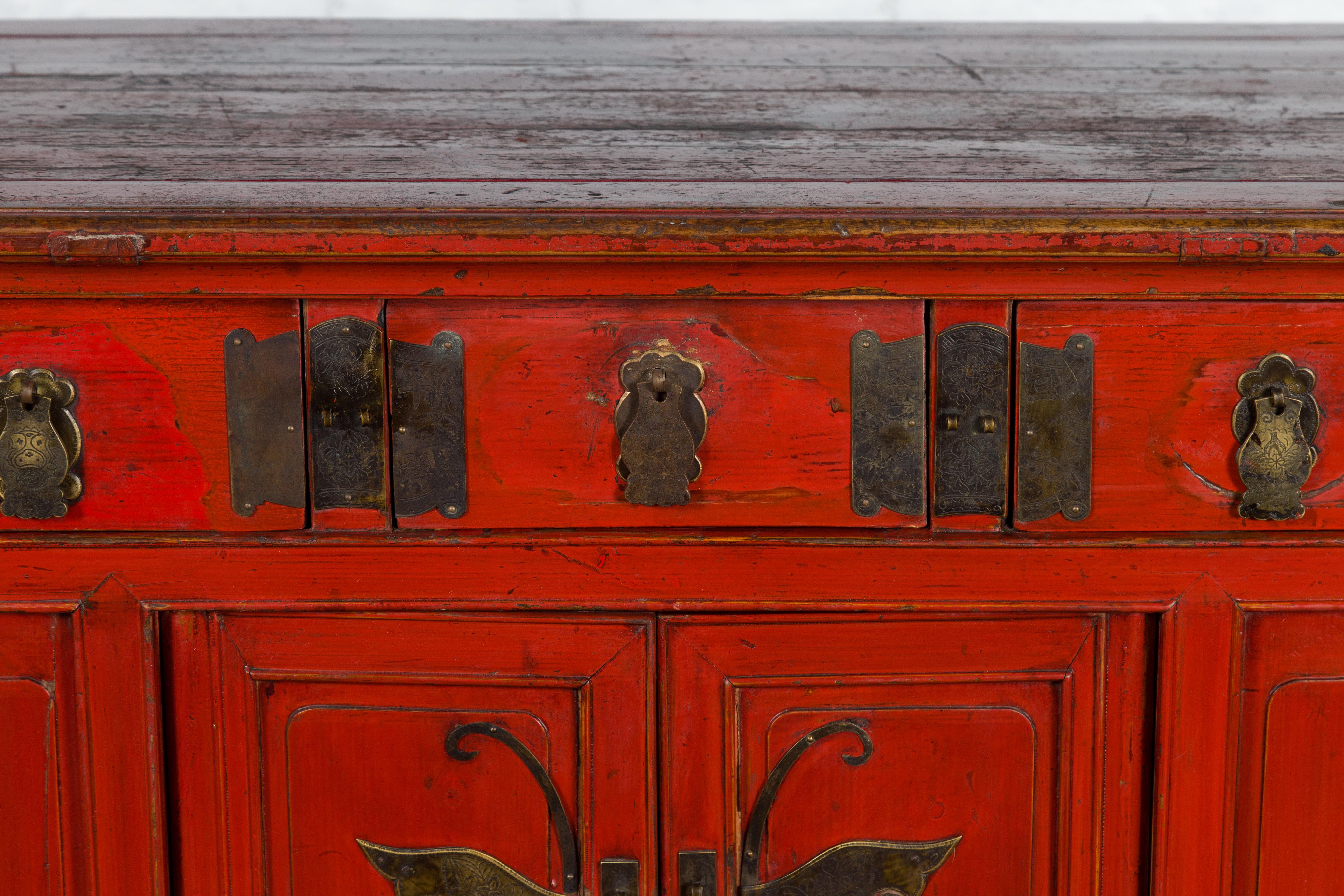 Chinese Red Lacquer Qing Dynasty 19th Century Cabinet with Butterfly Hardware 2