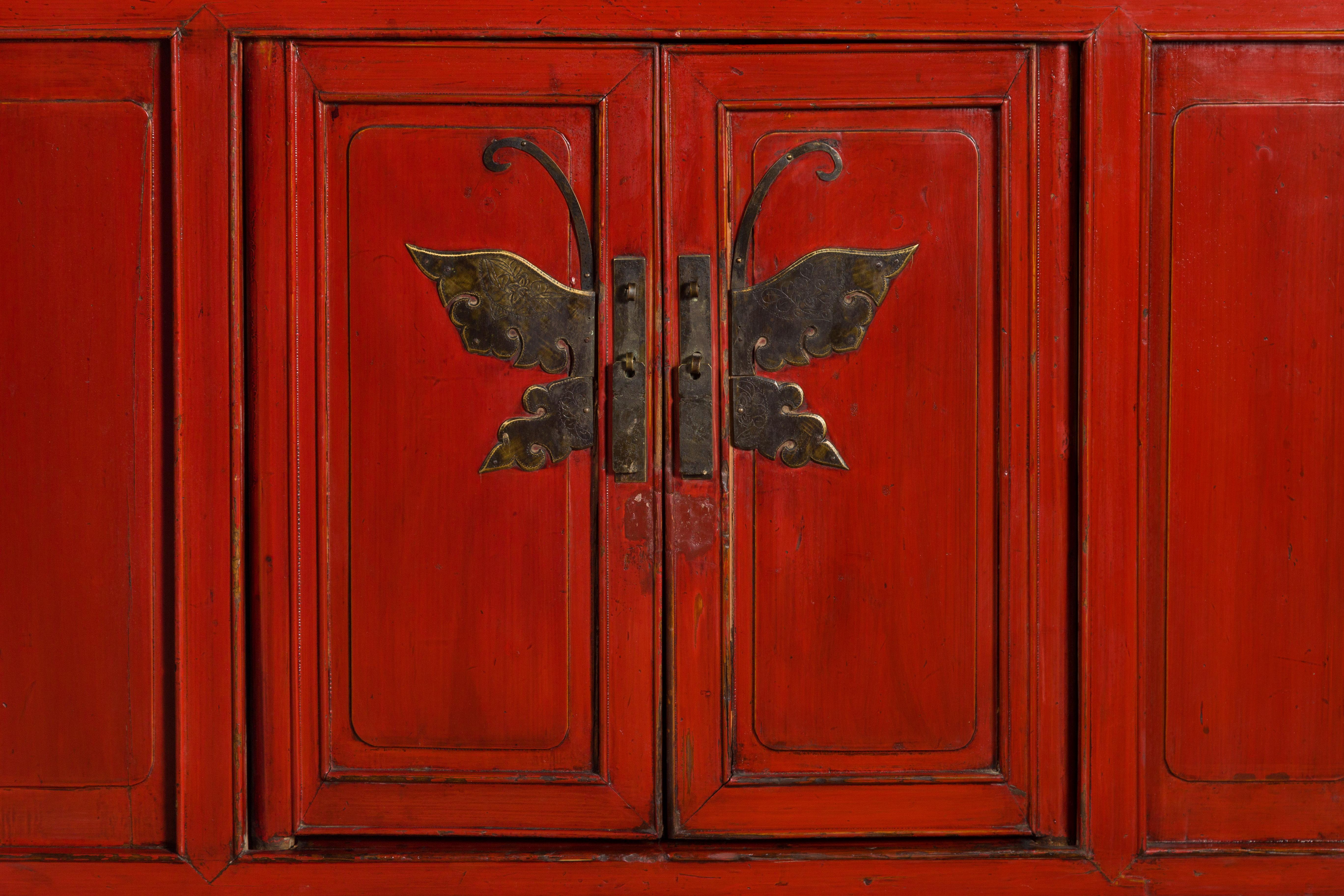 Chinese Red Lacquer Qing Dynasty 19th Century Cabinet with Butterfly Hardware 3