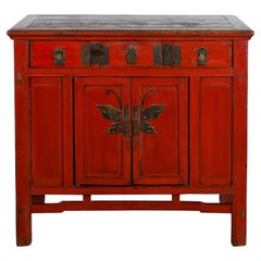 Antique Chinese Red Lacquer Qing Dynasty 19th Century Cabinet with Butterfly Hardware