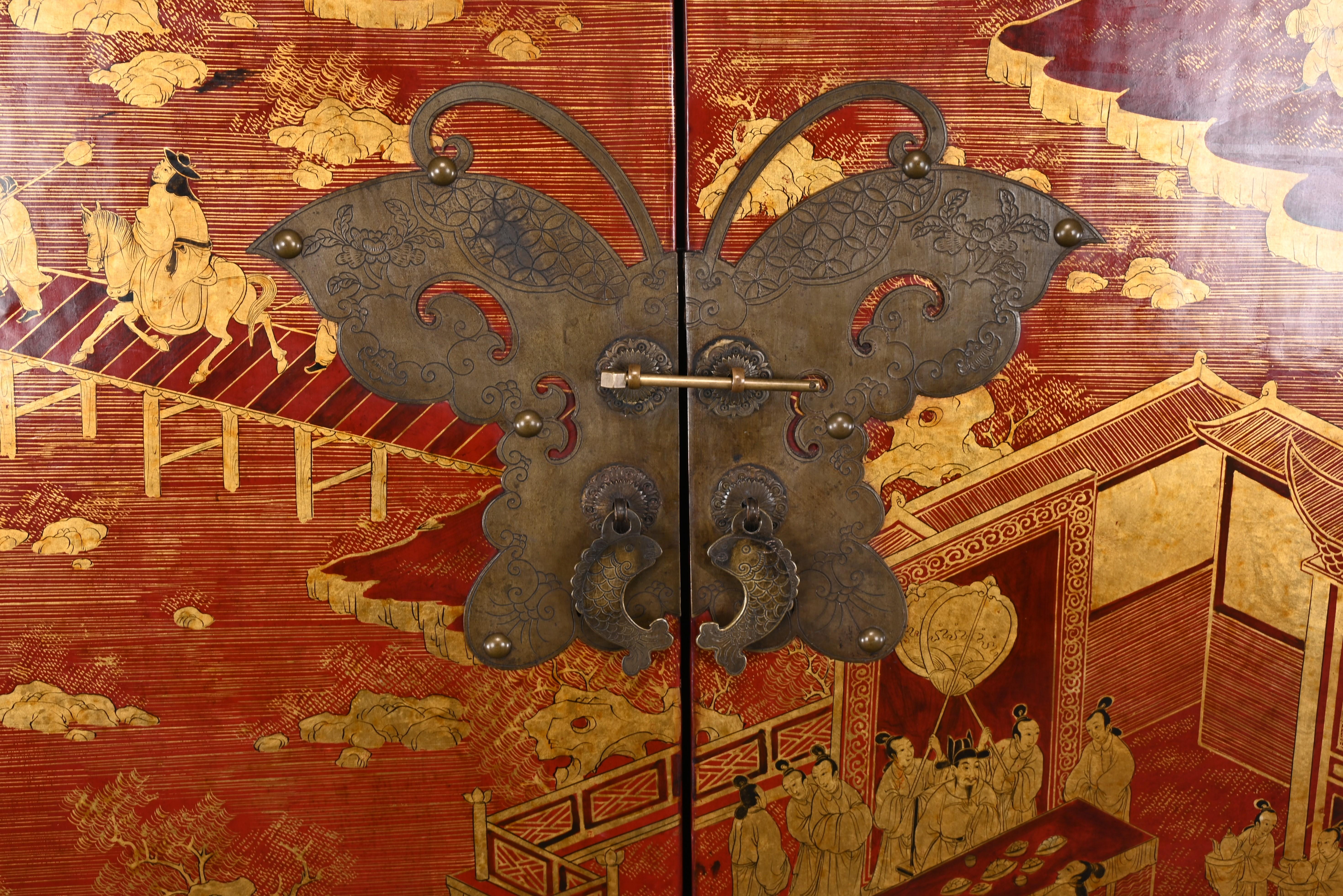 Brass Chinese Red Lacquer Qing Style Cabinet, 20th Century For Sale