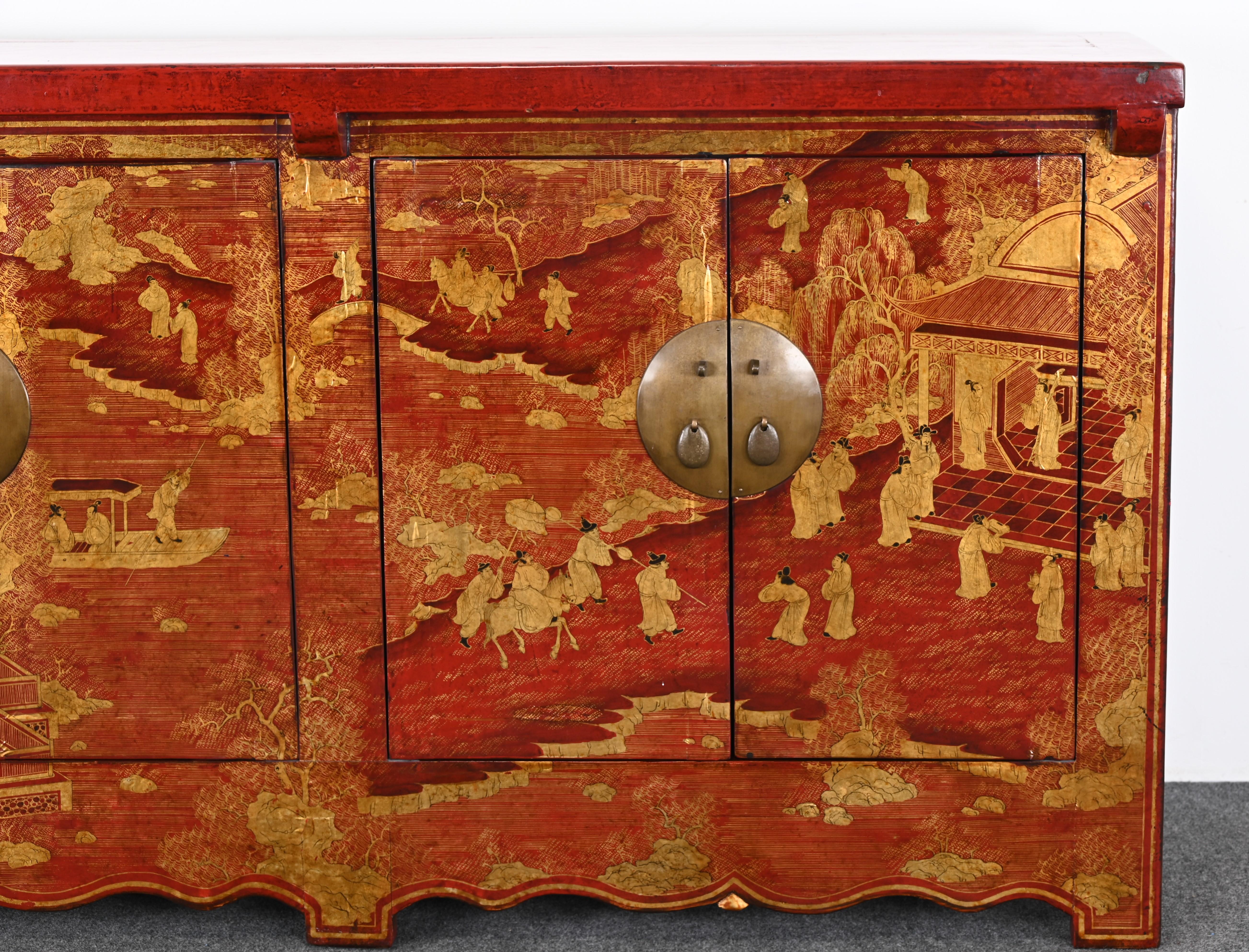 Chinese Red Lacquer Qing Style Cabinet or Credenza, 20th Century For Sale 8