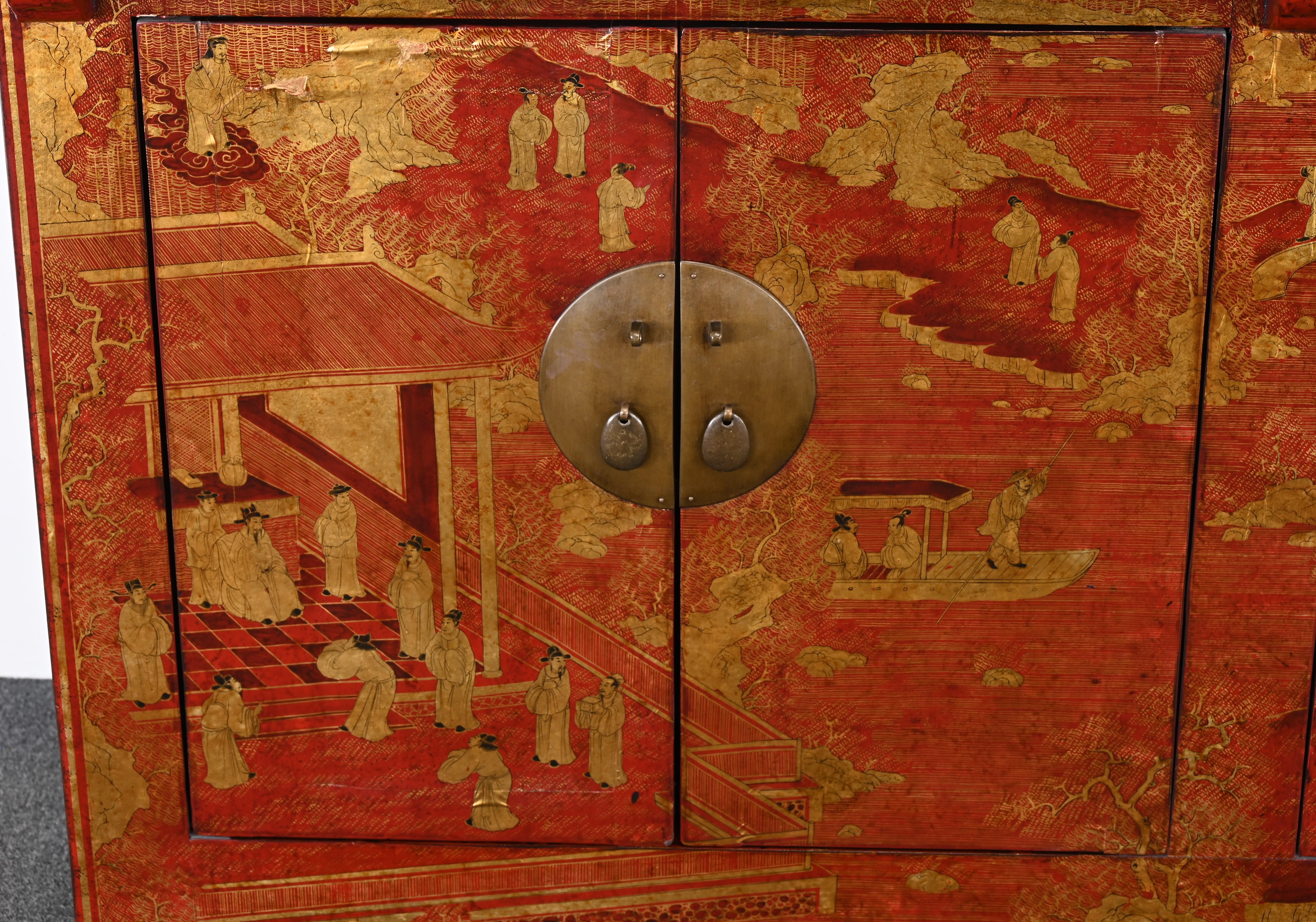 Chinesischer rot lackierter Schrank oder Anrichte im Qing-Stil, 20. Jahrhundert 7