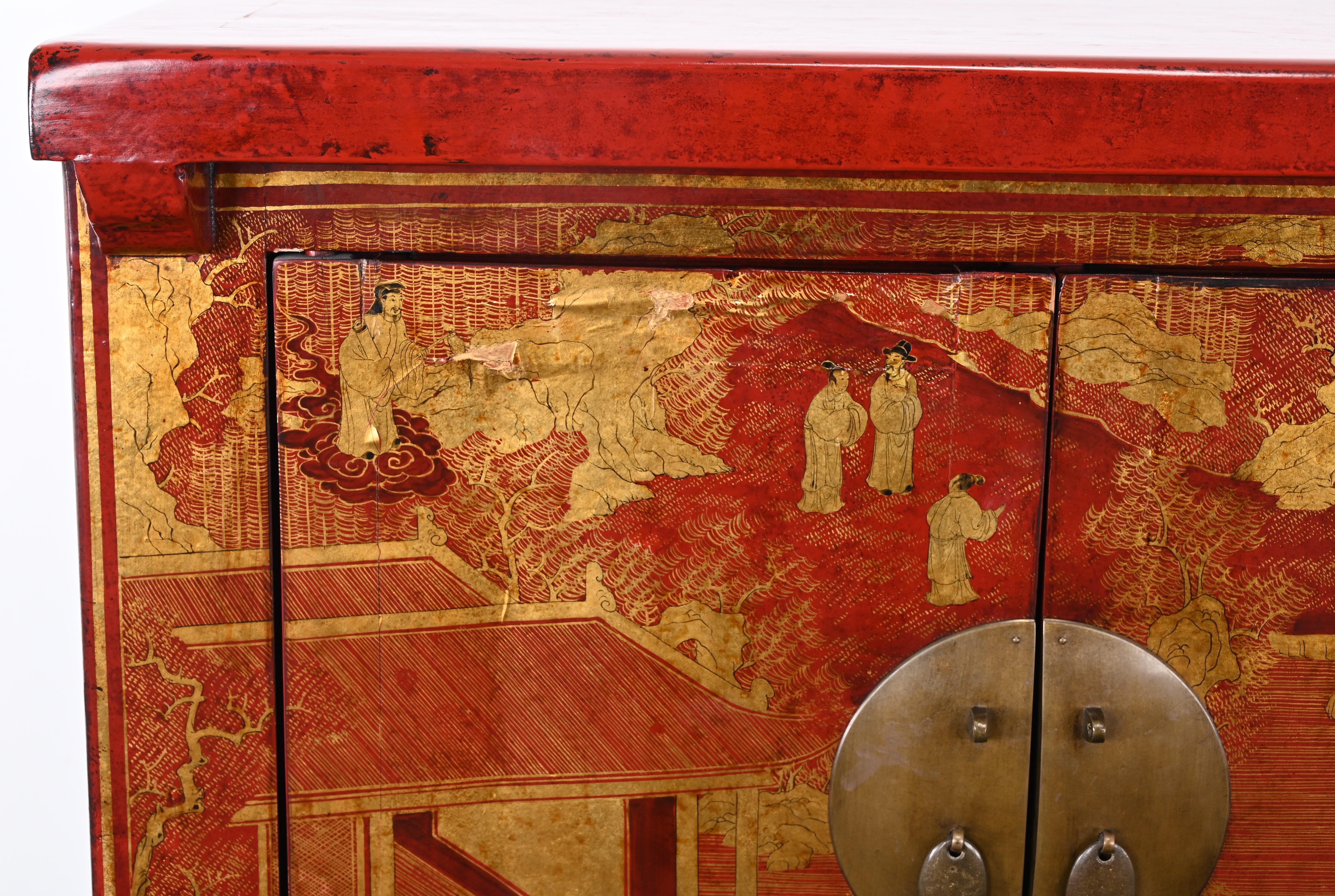 Chinese Red Lacquer Qing Style Cabinet or Credenza, 20th Century In Good Condition For Sale In Hamburg, PA
