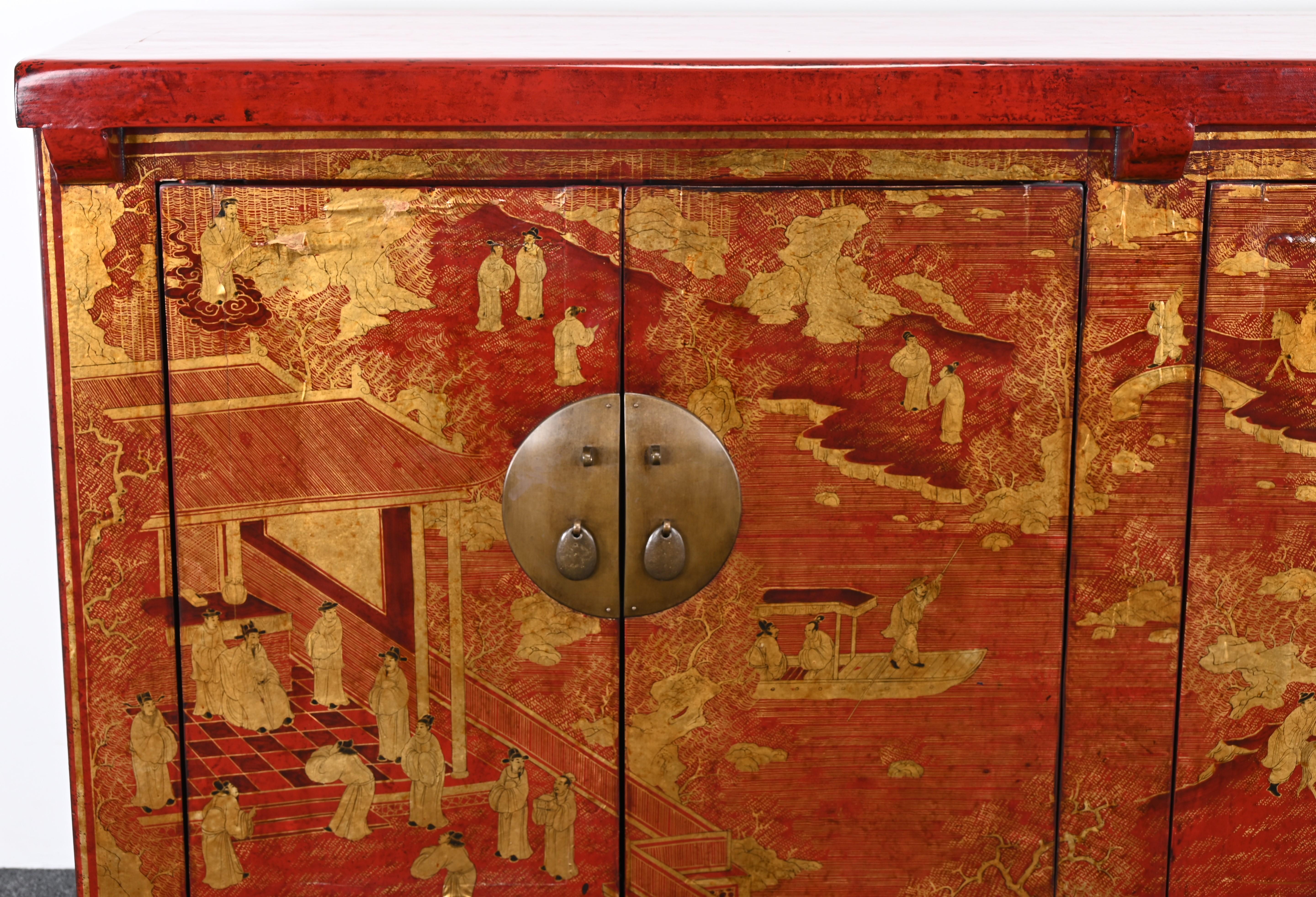 Brass Chinese Red Lacquer Qing Style Cabinet or Credenza, 20th Century For Sale