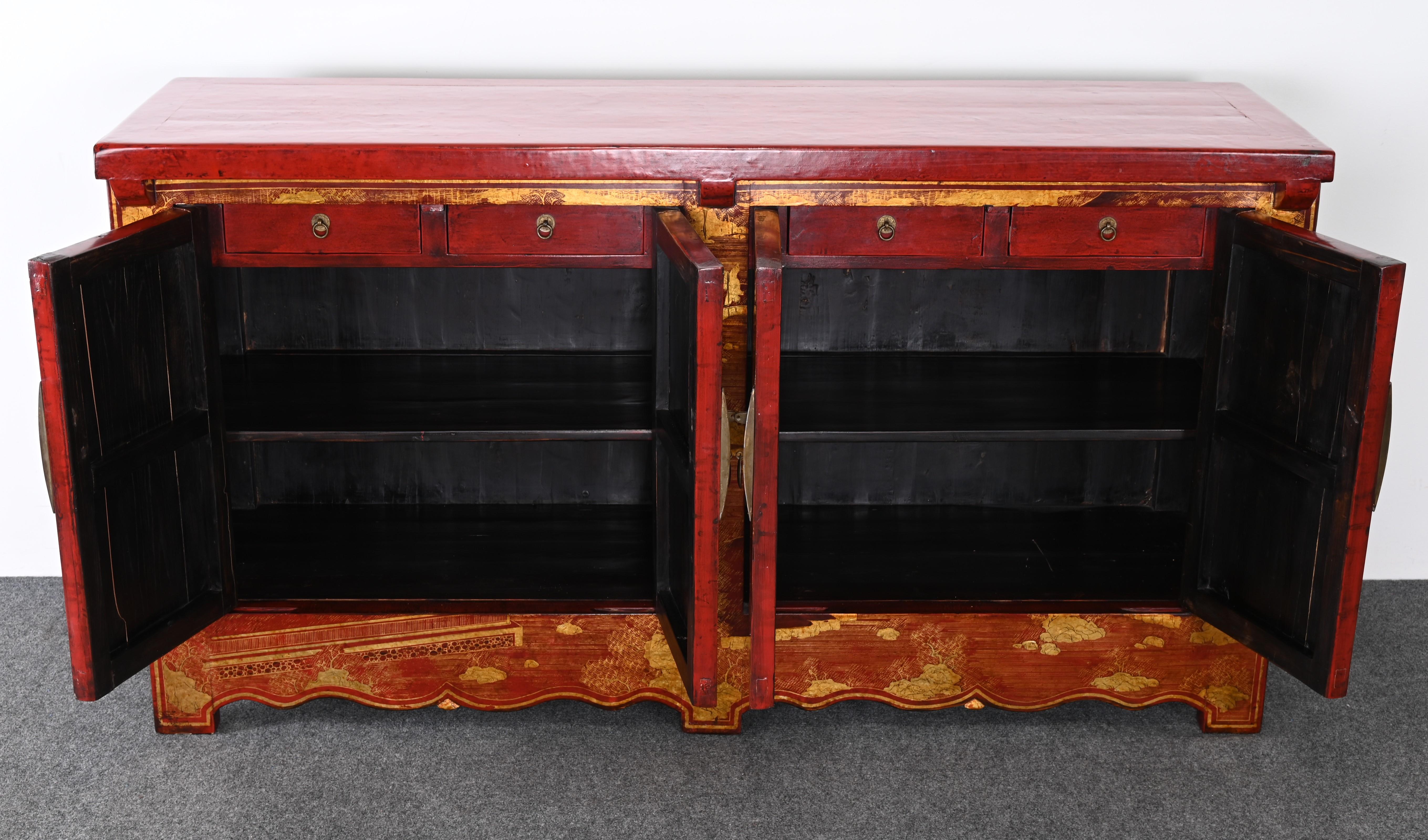 Chinese Red Lacquer Qing Style Cabinet or Credenza, 20th Century For Sale 4