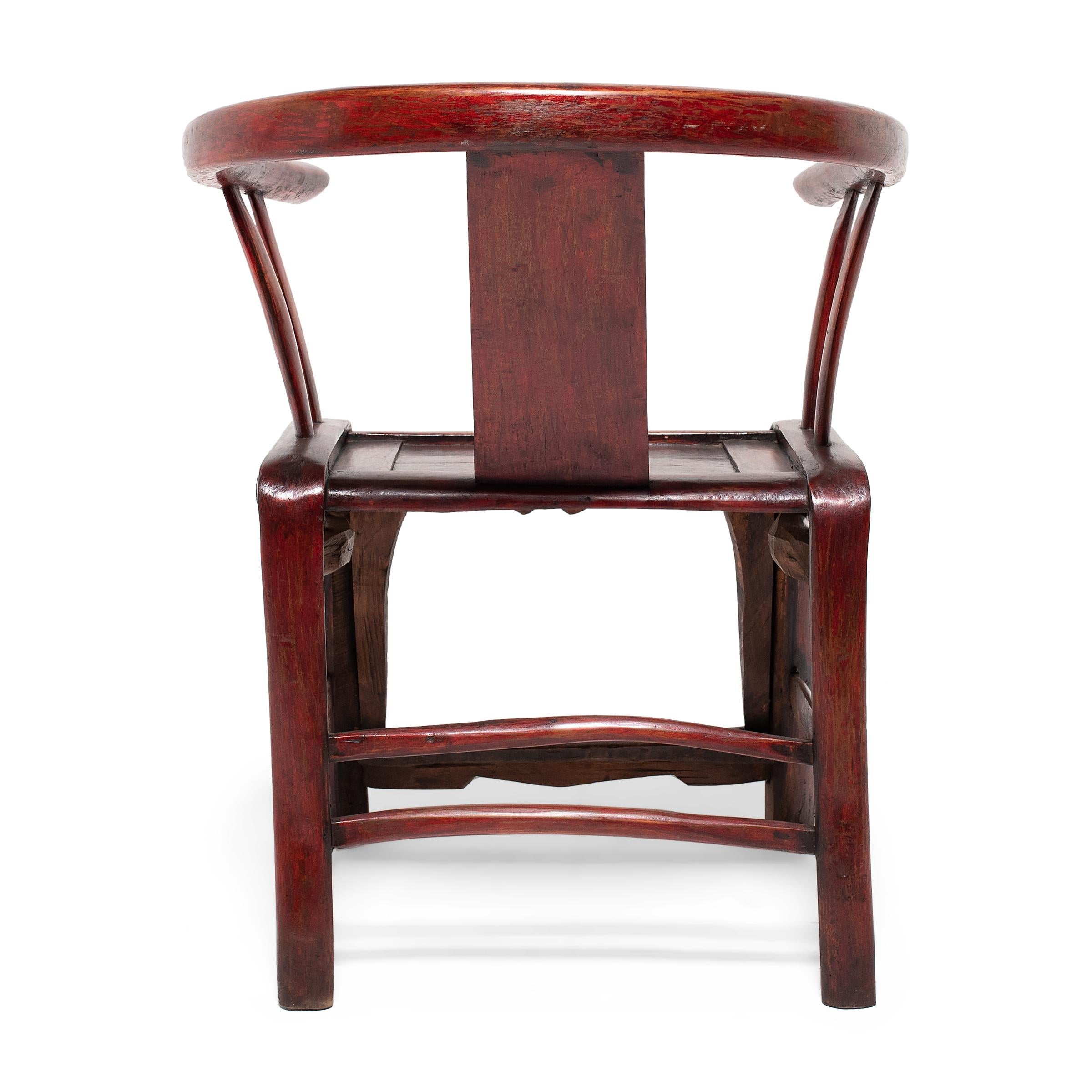 Carved Chinese Red Lacquer Roundback Chair, c. 1850 For Sale
