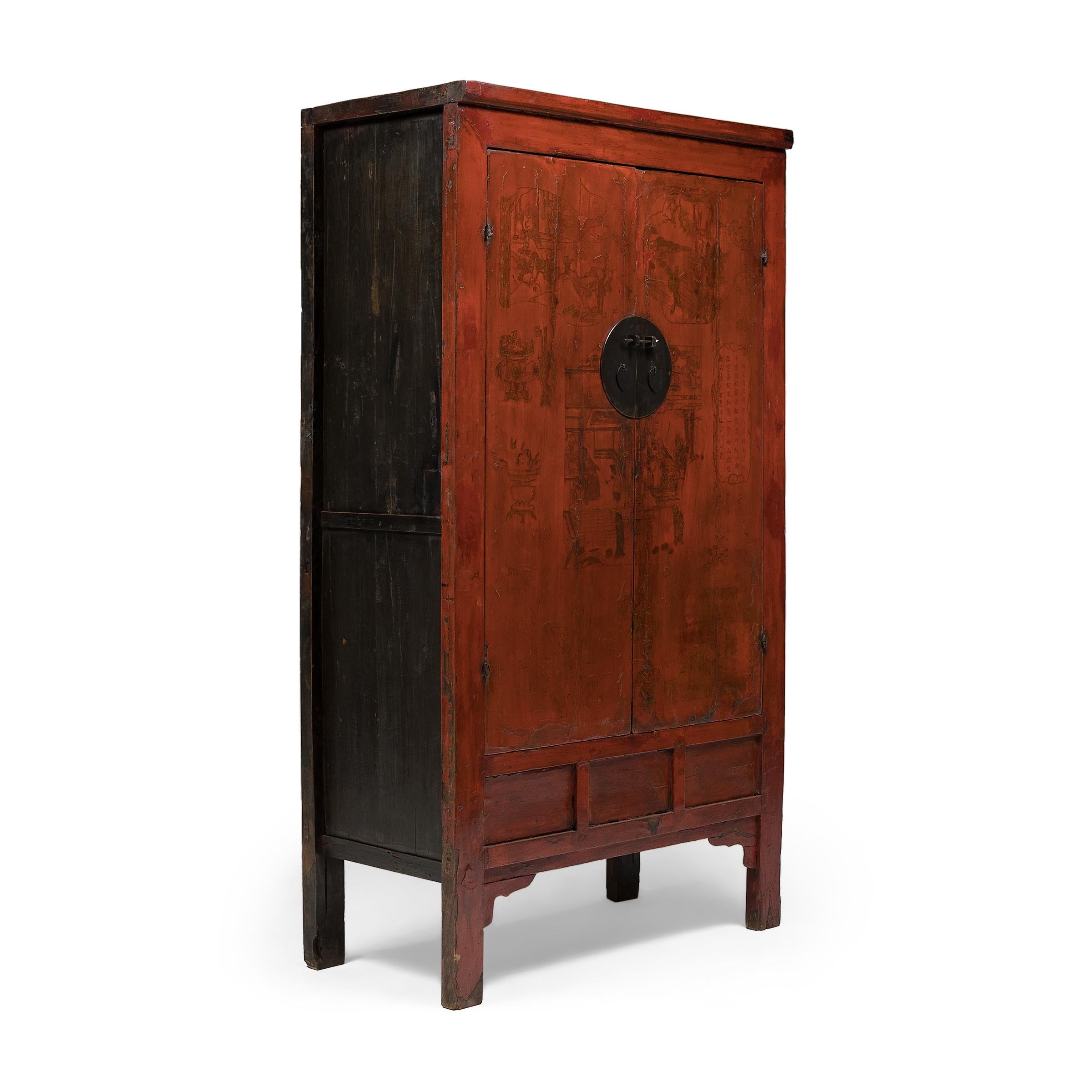 With its commanding scale and simple silhouette, this tall Qing-dynasty cabinet offered the perfect canvas for elaborate decoration. Crafted in the mid-19th century, the cabinet has a clean-lined form, designed with straight sides, square corners