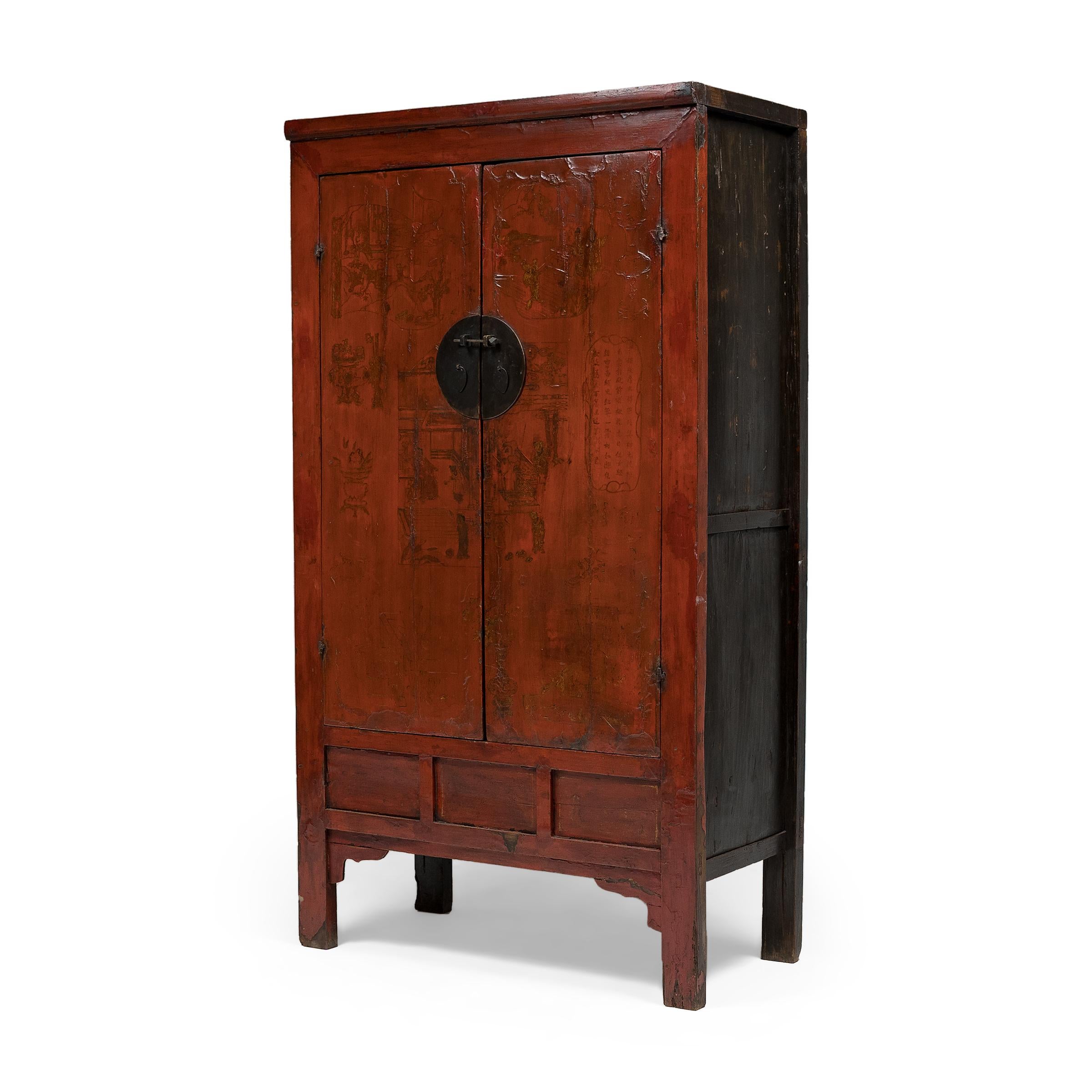 Qing Chinese Red Lacquer Scholars' Cabinet, circa 1850 For Sale