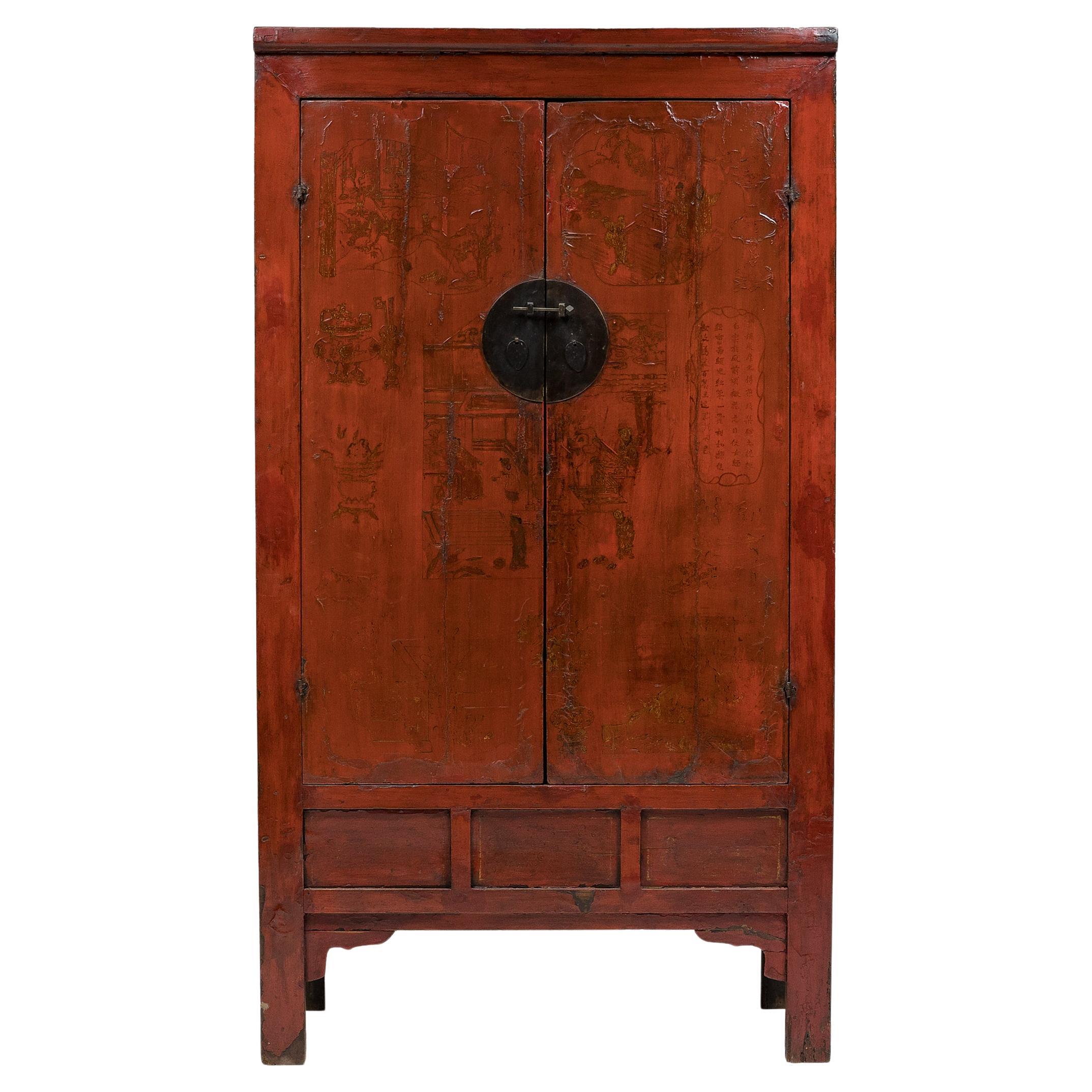 Chinese Red Lacquer Scholars' Cabinet, circa 1850 For Sale