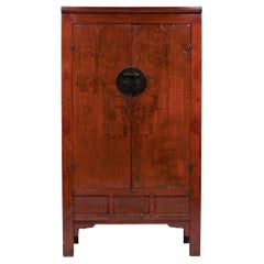 Used Chinese Red Lacquer Scholars' Cabinet, circa 1850