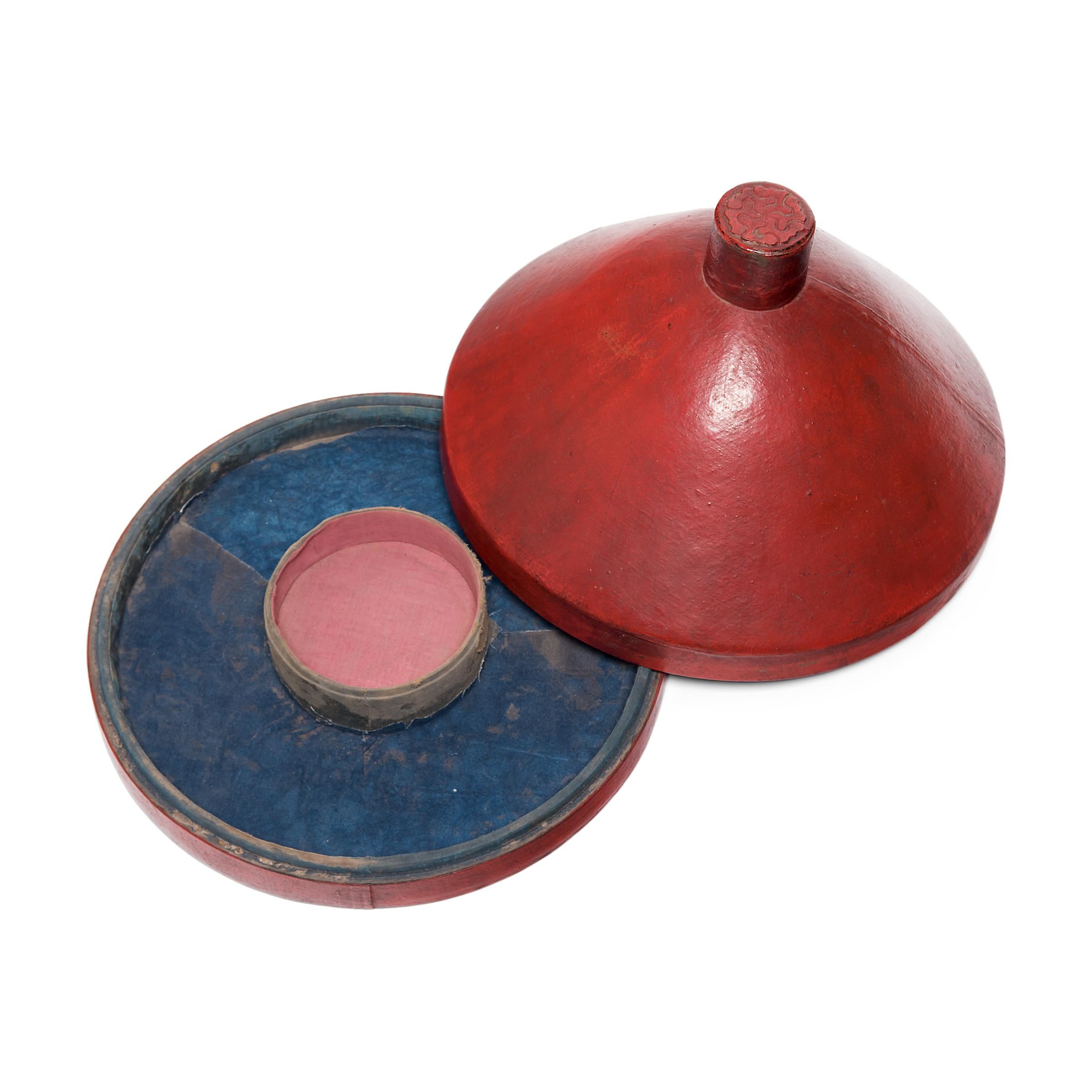 Hide Chinese Red Lacquer Summer Hat Box, circa 1850