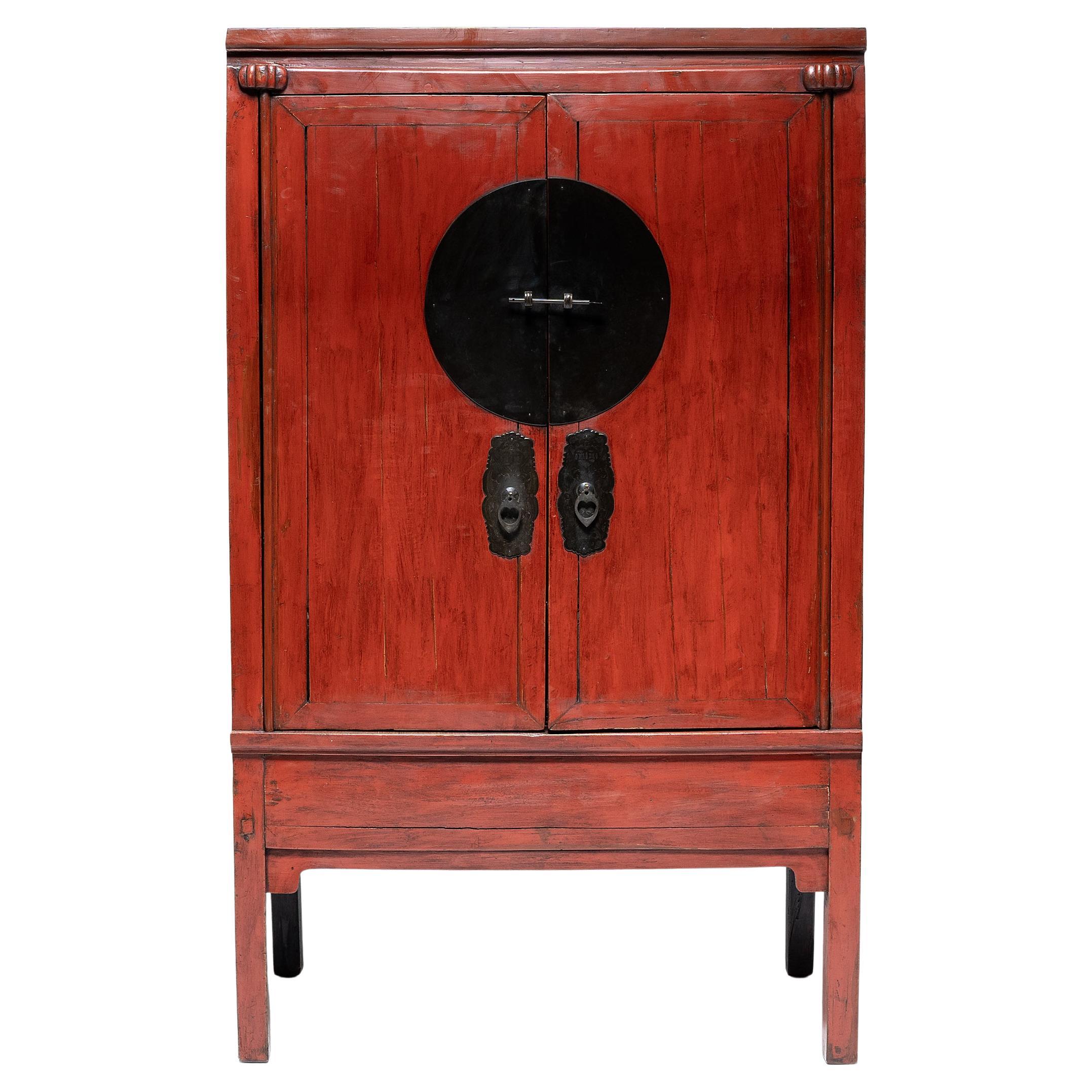 Chinese Red Lacquer Wedding Cabinet, circa 1900 For Sale