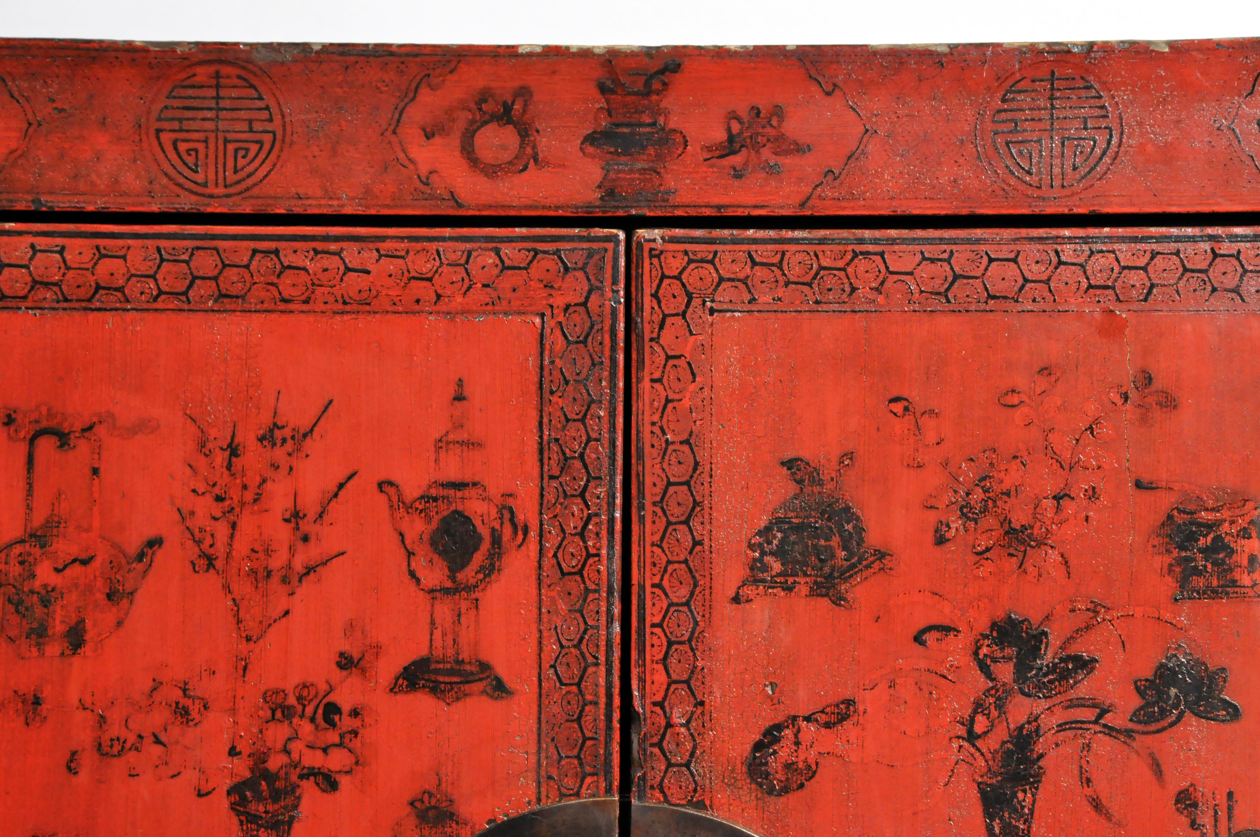 19th Century Chinese Red Lacquer Wedding Cabinet