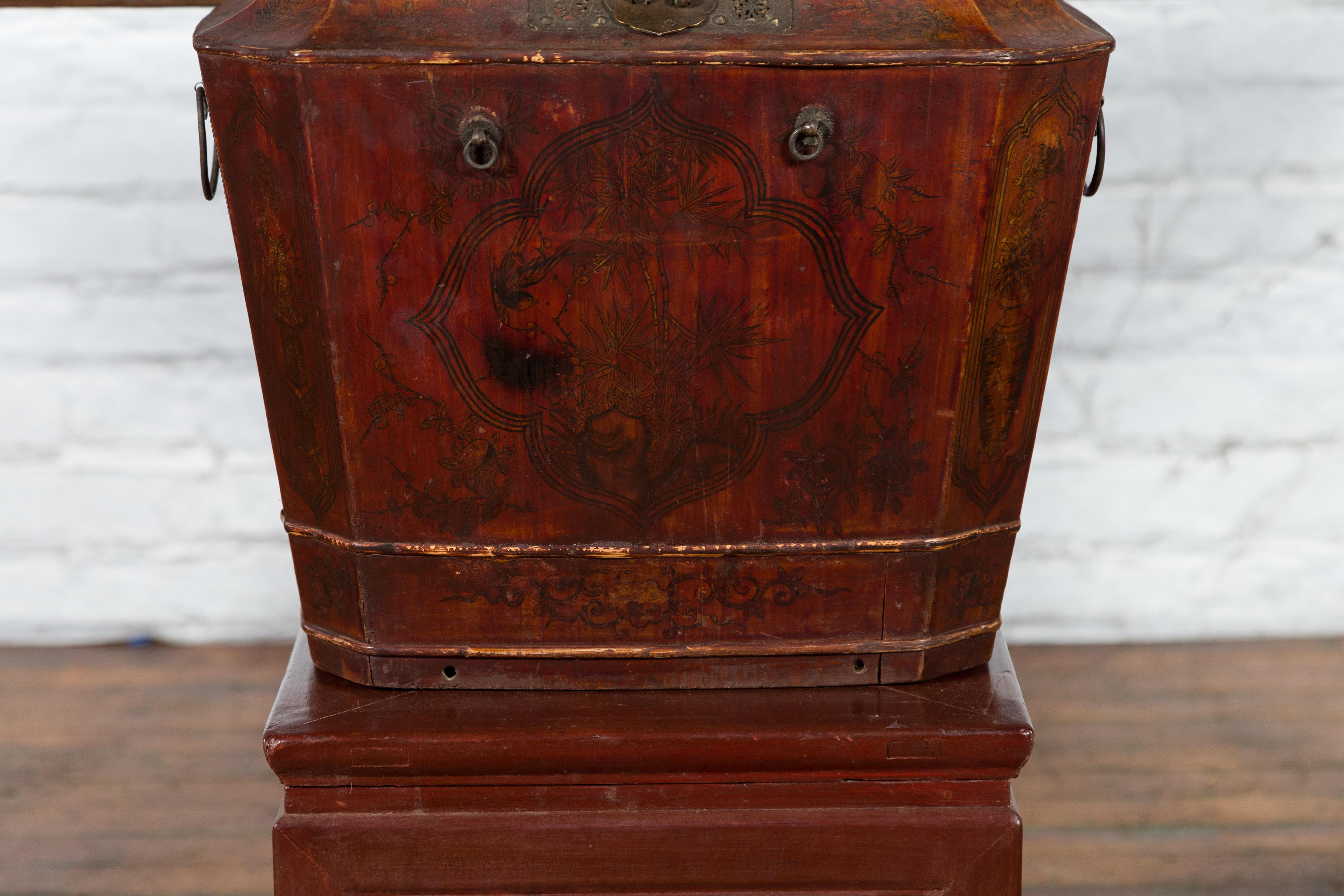 Lacquered Chinese Red Lacquer Wedding Chest with Hand-Painted Décor, Qing Dynasty For Sale