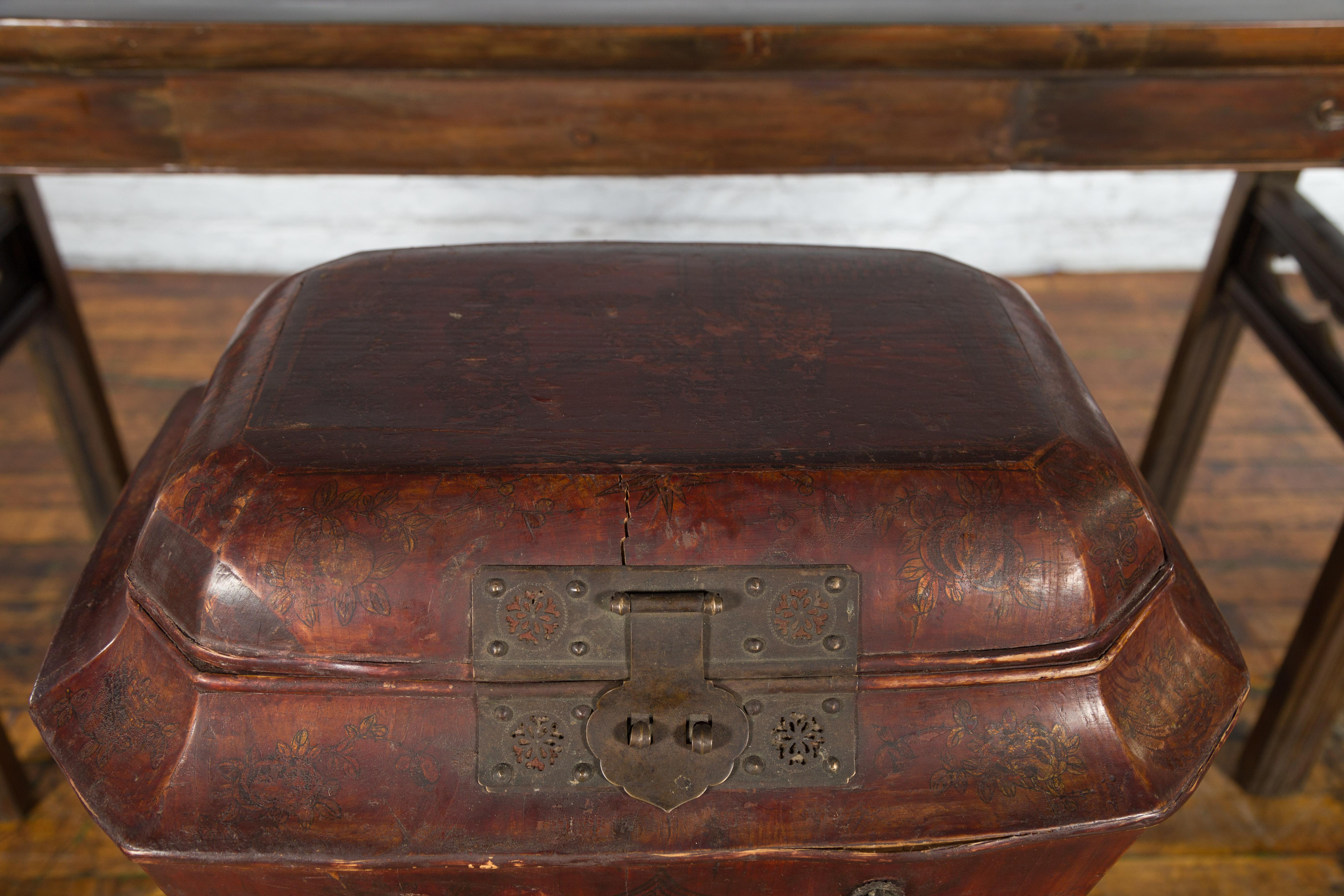 19th Century Chinese Red Lacquer Wedding Chest with Hand-Painted Décor, Qing Dynasty For Sale