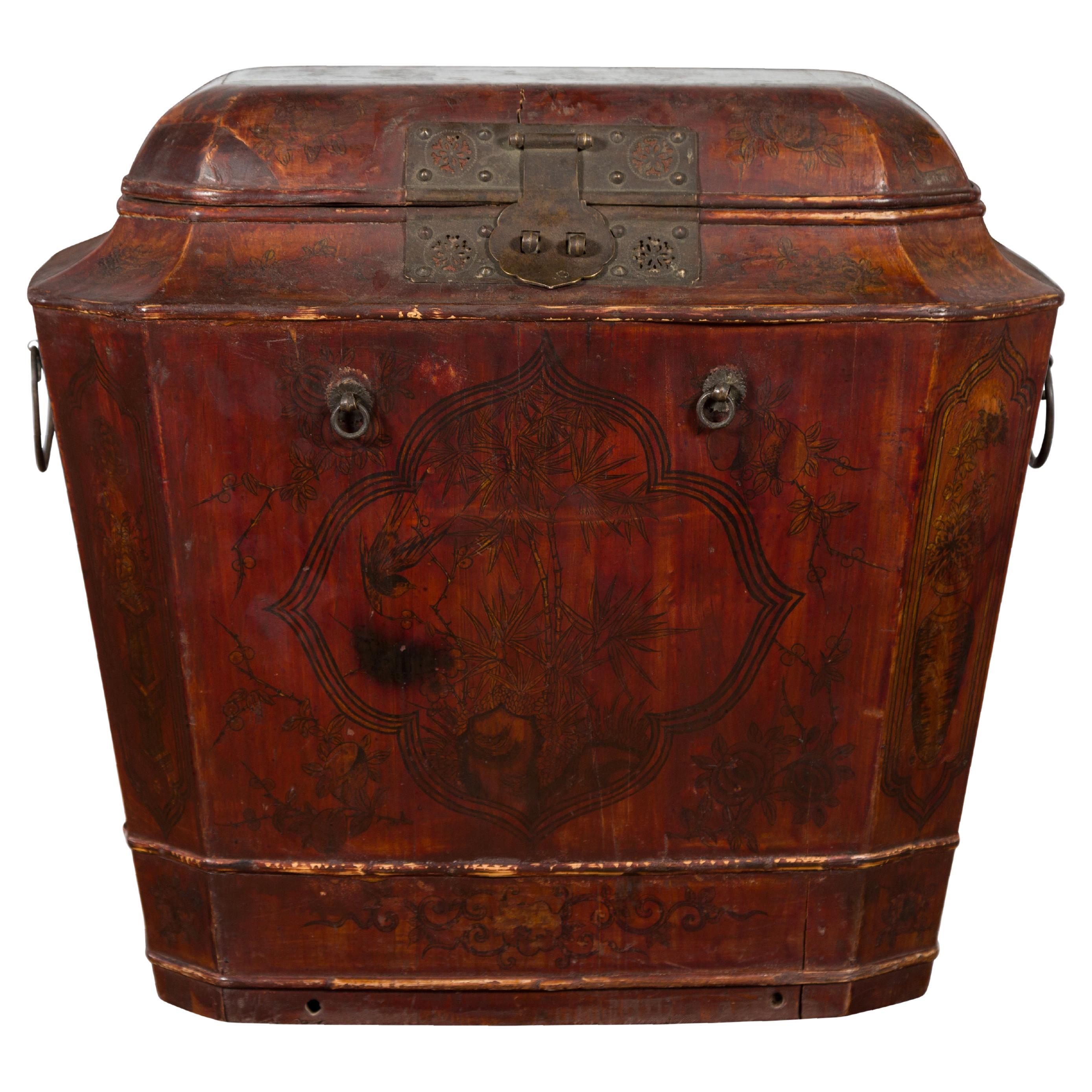 Chinese Red Lacquer Wedding Chest with Hand-Painted Décor, Qing Dynasty For Sale