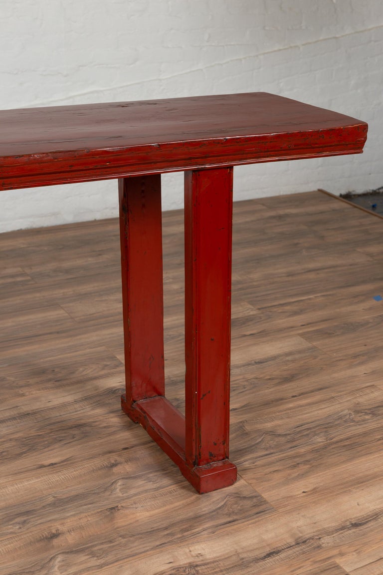 Overhung Console Table Chinese Red Lacquer Wooden Altar Console Table with Overhang Top at 1stDibs