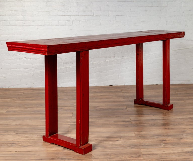 Overhung Console Table Chinese Red Lacquer Wooden Altar Console Table with Overhang Top at 1stDibs