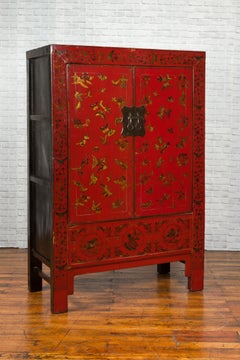 Red Lacquered Cabinet with Hand-Painted Butterfly and Bird Motifs