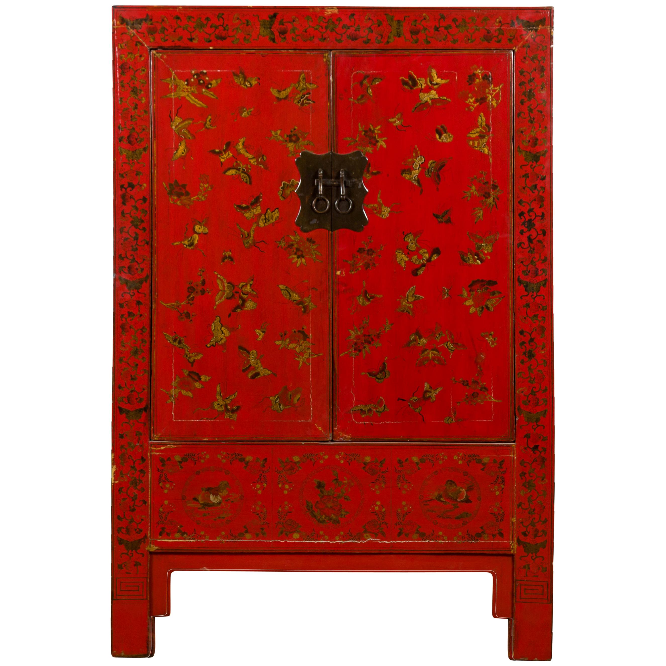 Chinese Red Lacquered 19th Century Qing Dynasty Cabinet with Gilt Chinoiseries