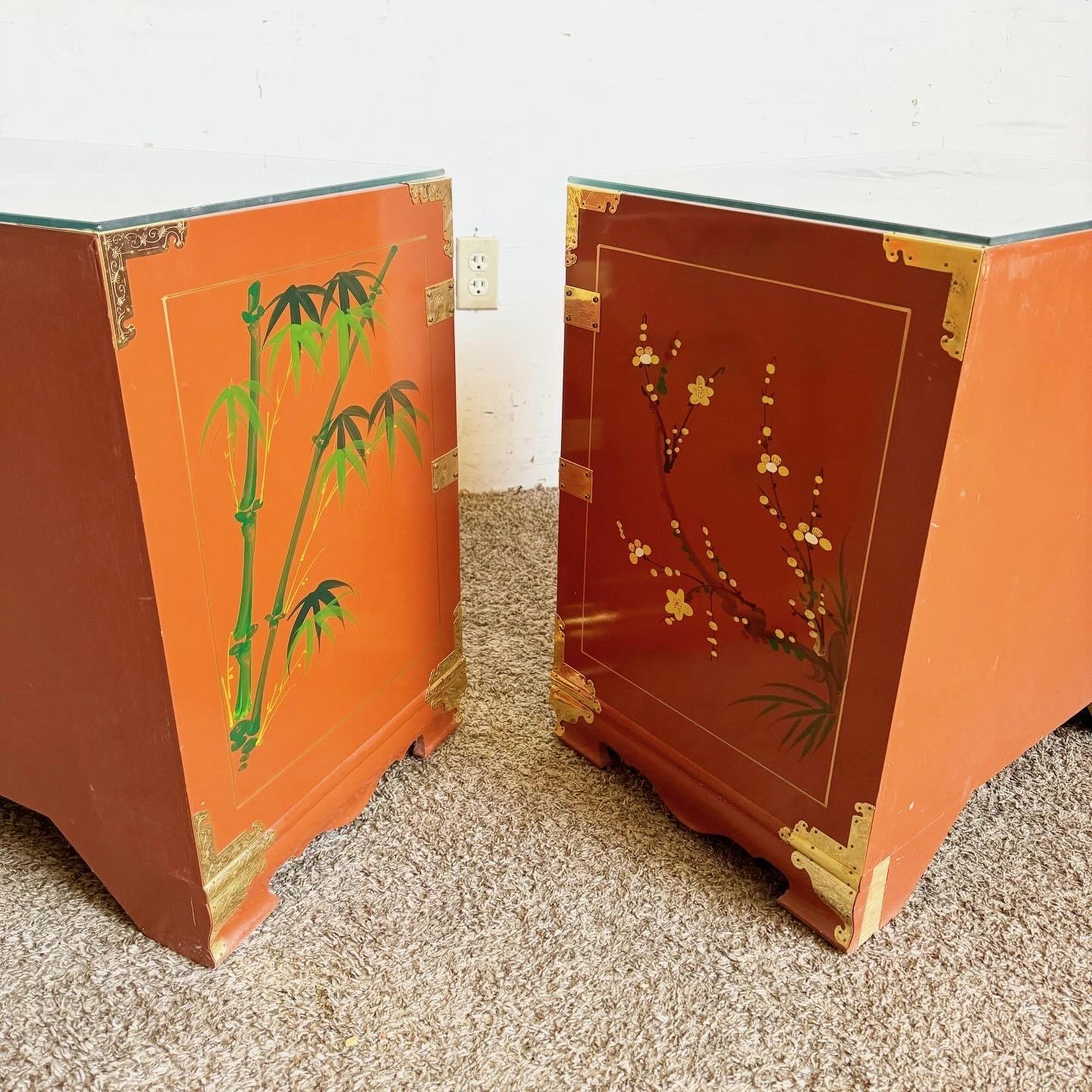 Chinese Red Lacquered and Hand Painted Glass Top Nightstands With Gold Accents 4